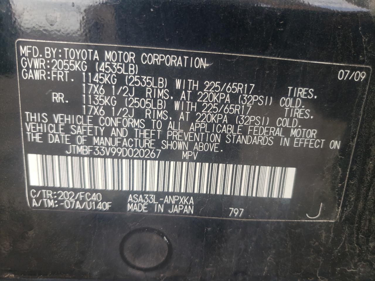 2009 Toyota Rav4 Black vin: JTMBF33V99D020267