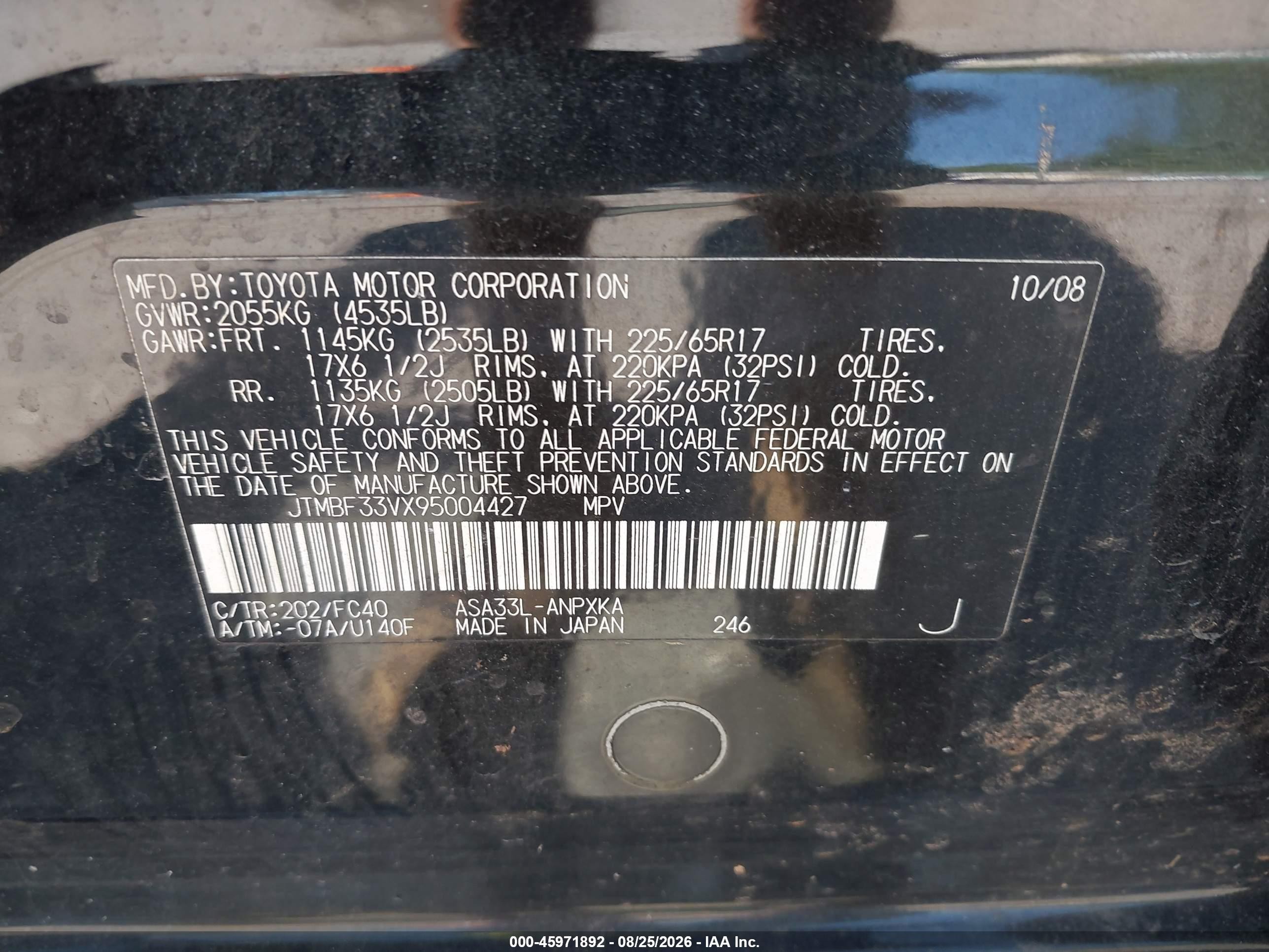 2009 Toyota Rav4   Black vin: JTMBF33VX95004427