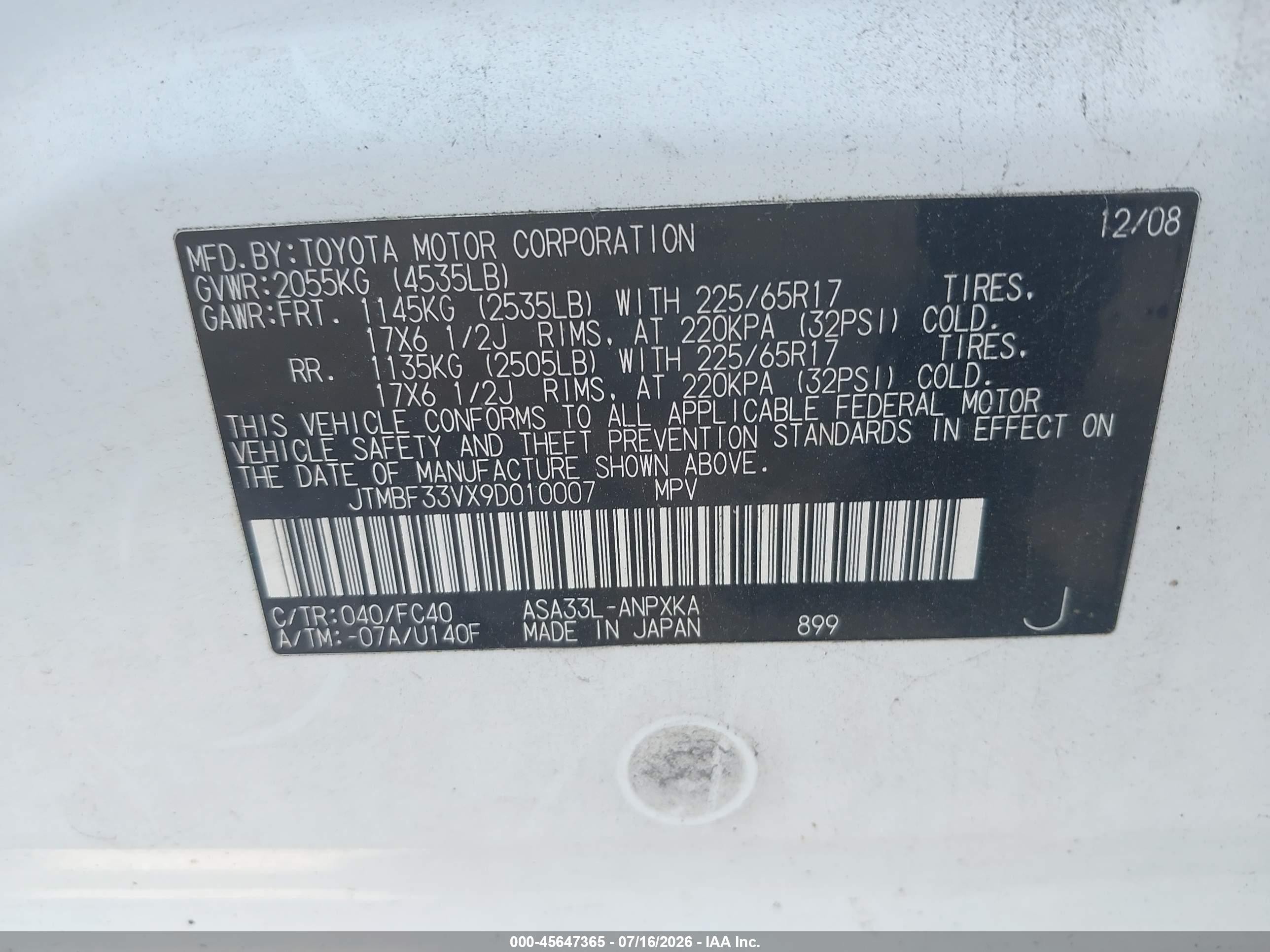 2009 Toyota Rav4   White vin: JTMBF33VX9D010007