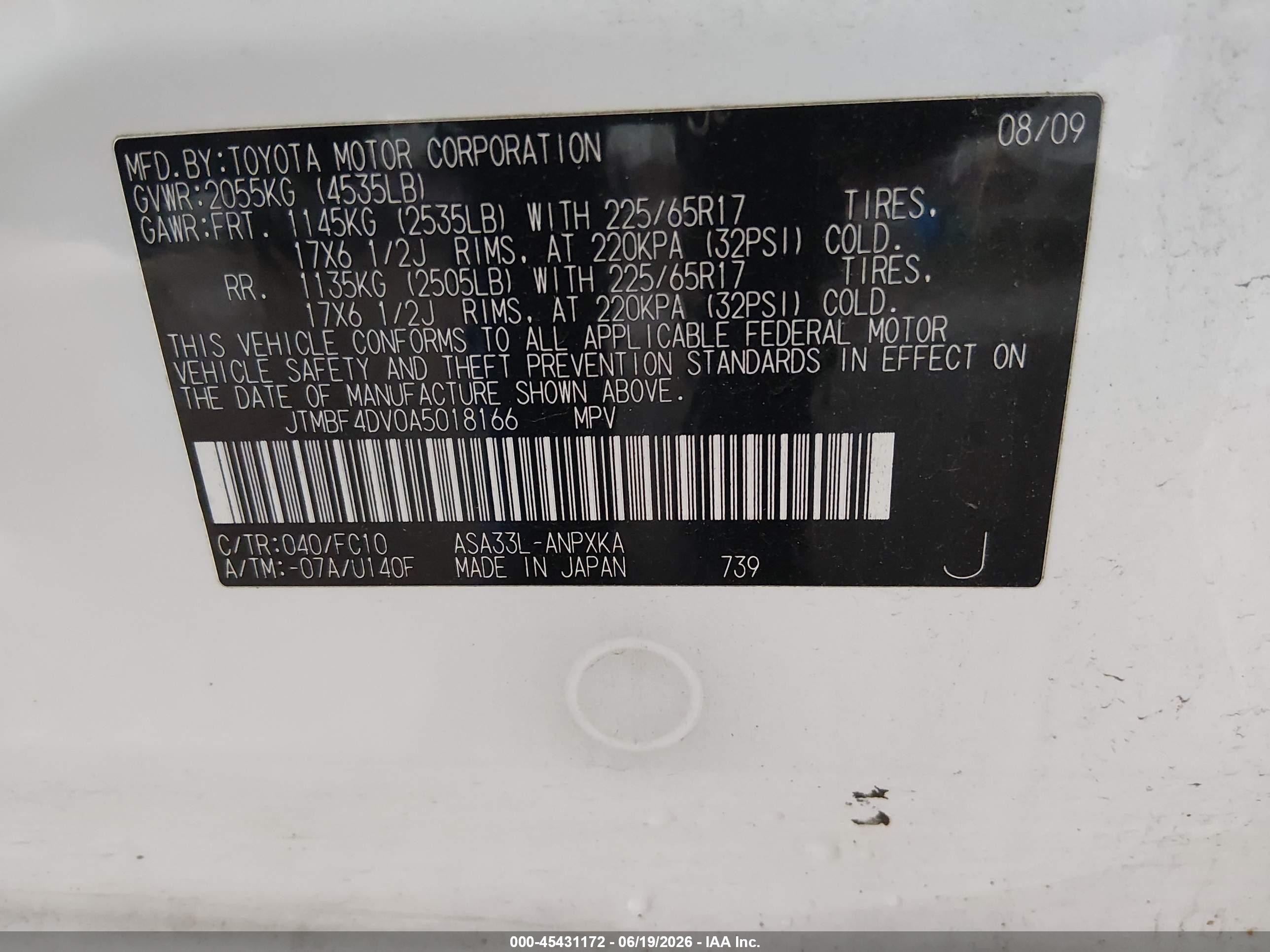 2010 Toyota Rav4   White vin: JTMBF4DV0A5018166