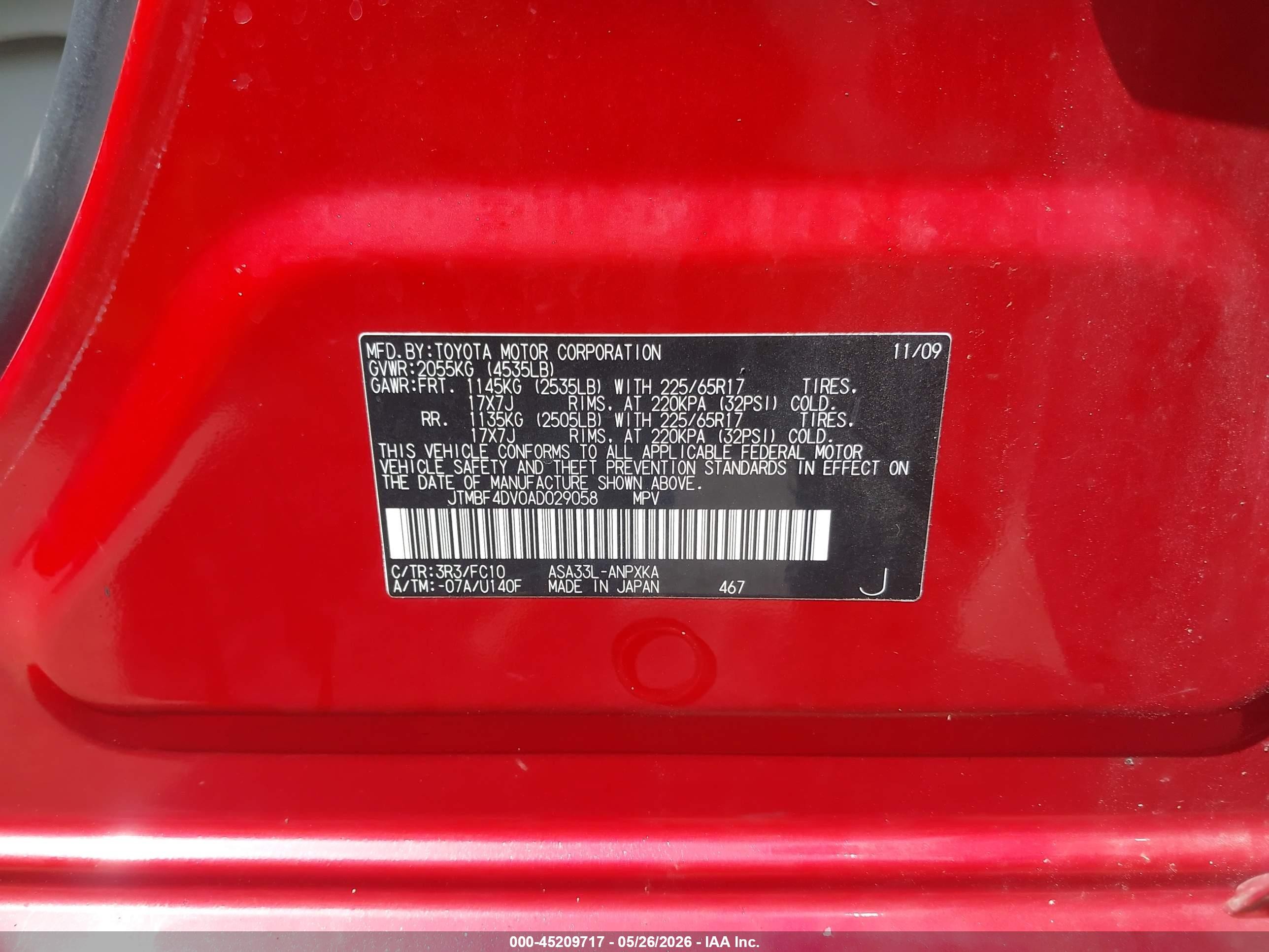 2010 Toyota Rav4   Red vin: JTMBF4DV0AD029058