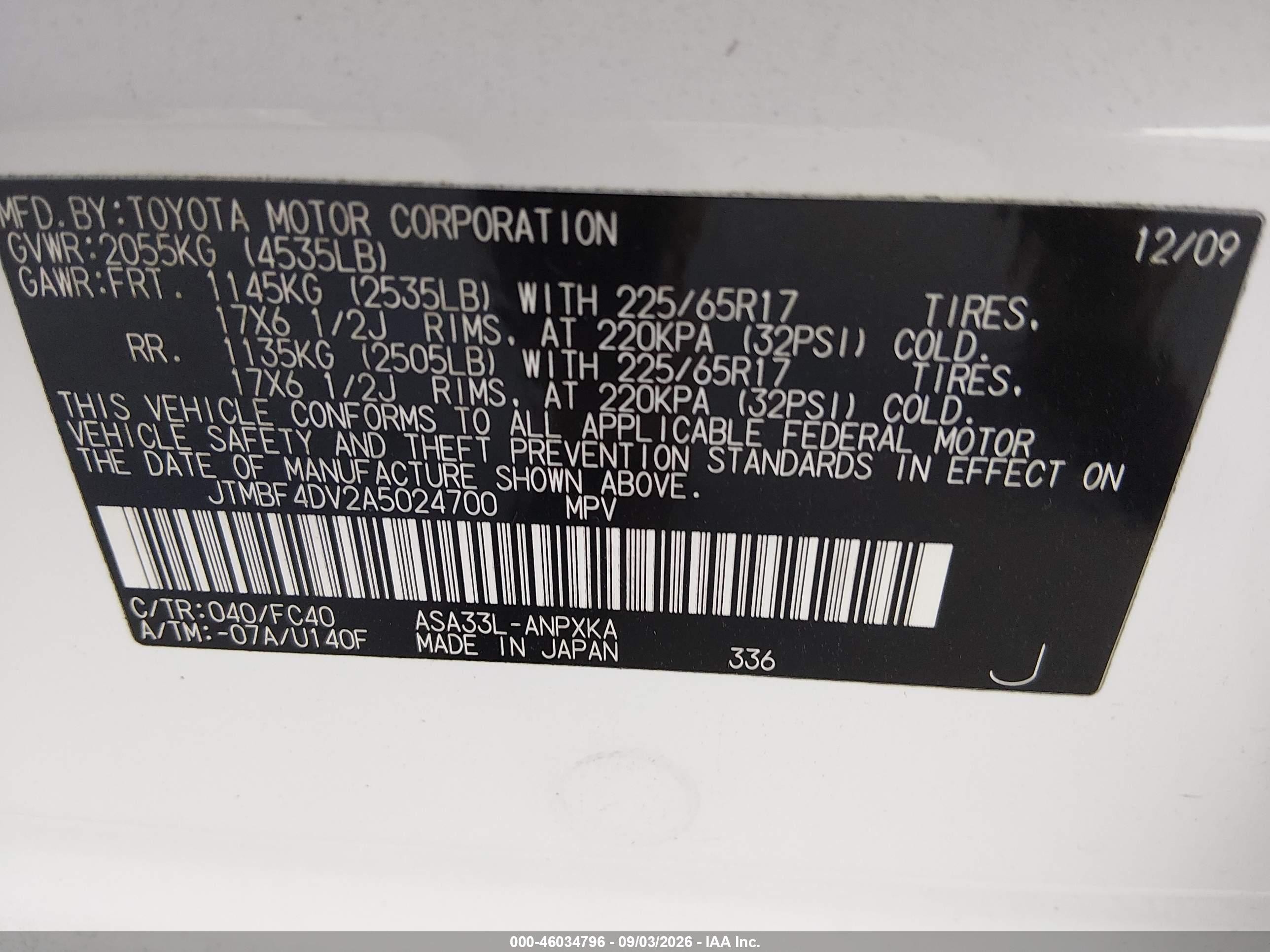 2010 Toyota Rav4   White vin: JTMBF4DV2A5024700