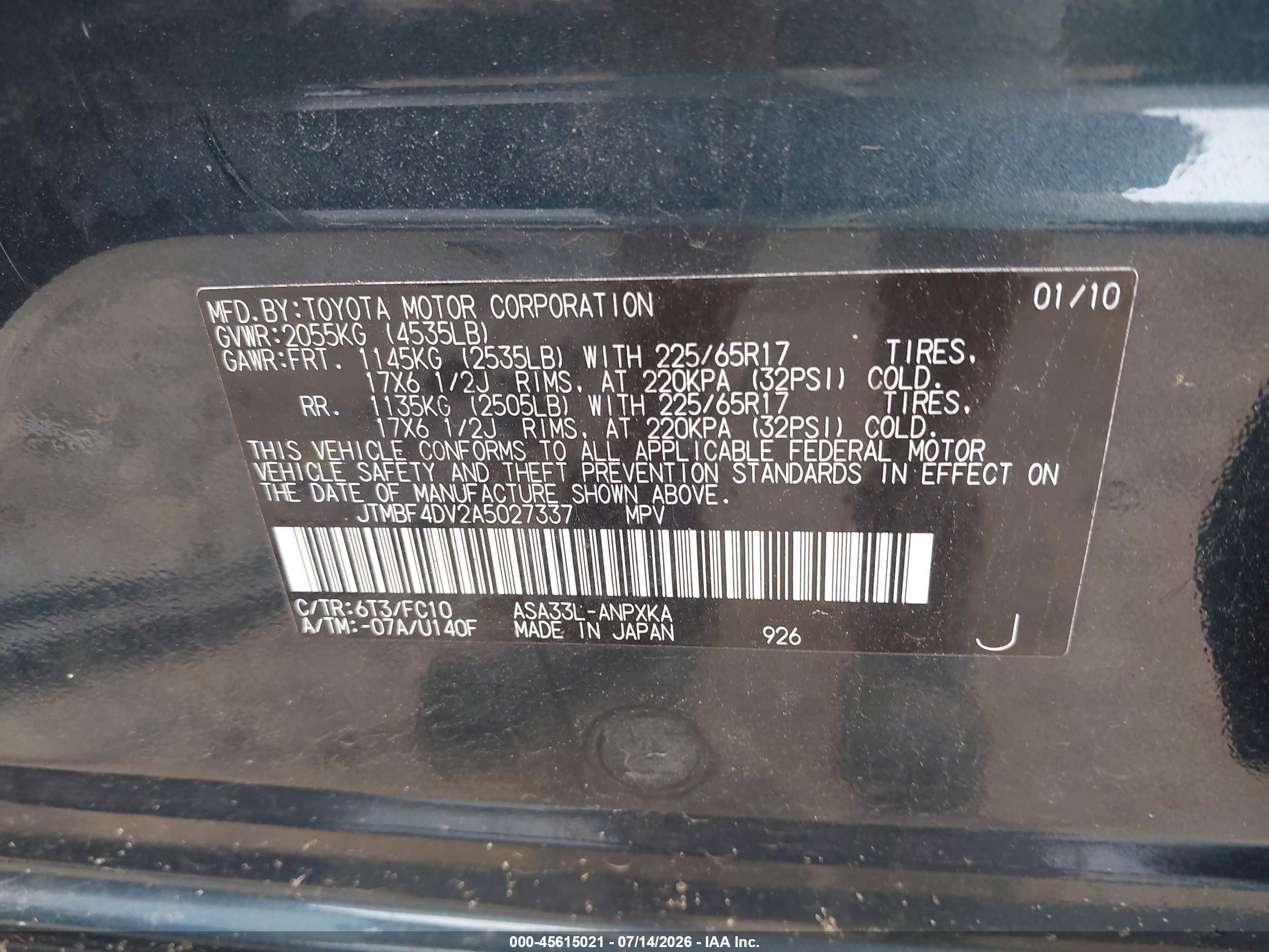 2010 Toyota Rav4   Green vin: JTMBF4DV2A5027337