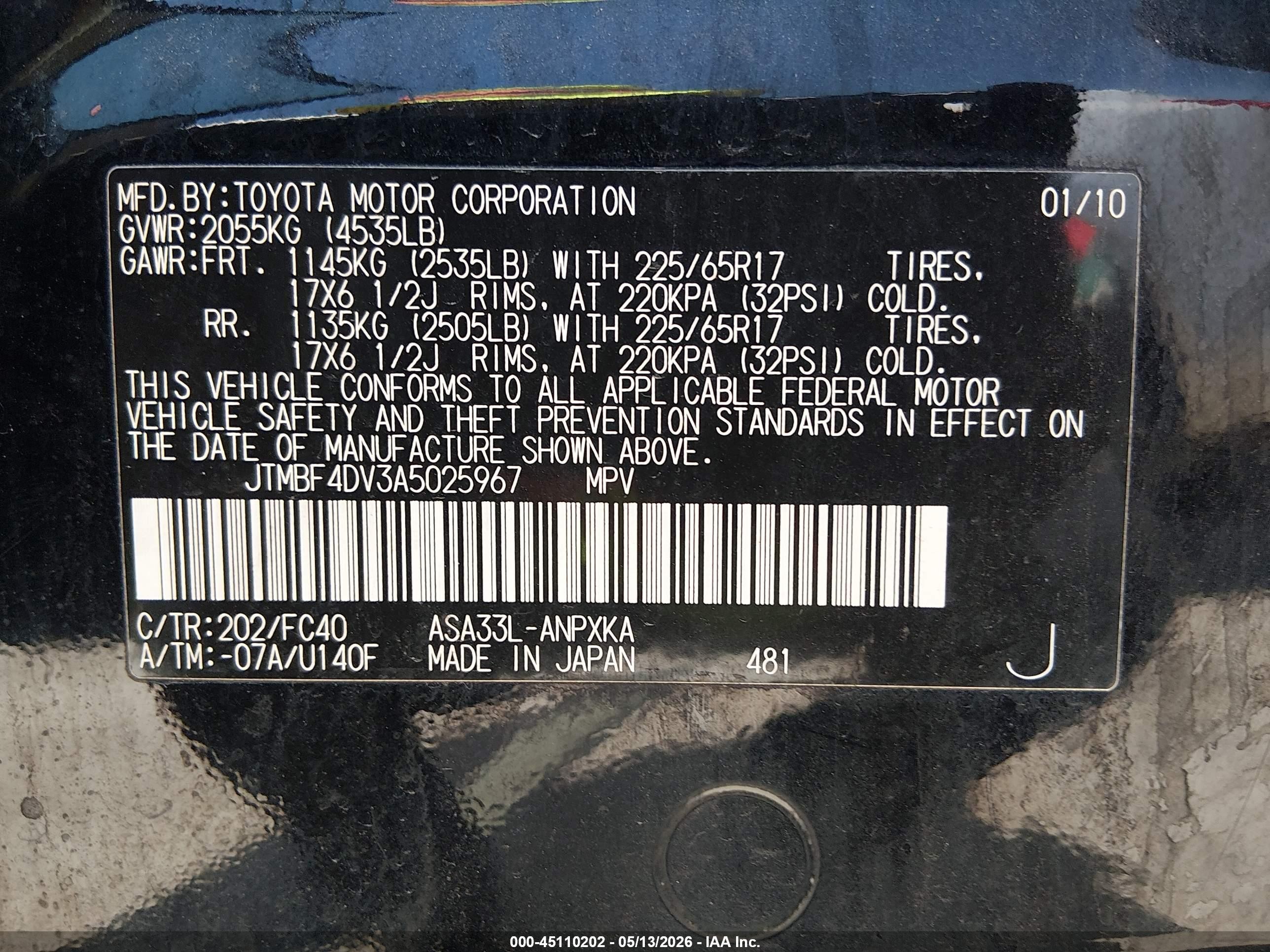 2010 Toyota Rav4   Black vin: JTMBF4DV3A5025967