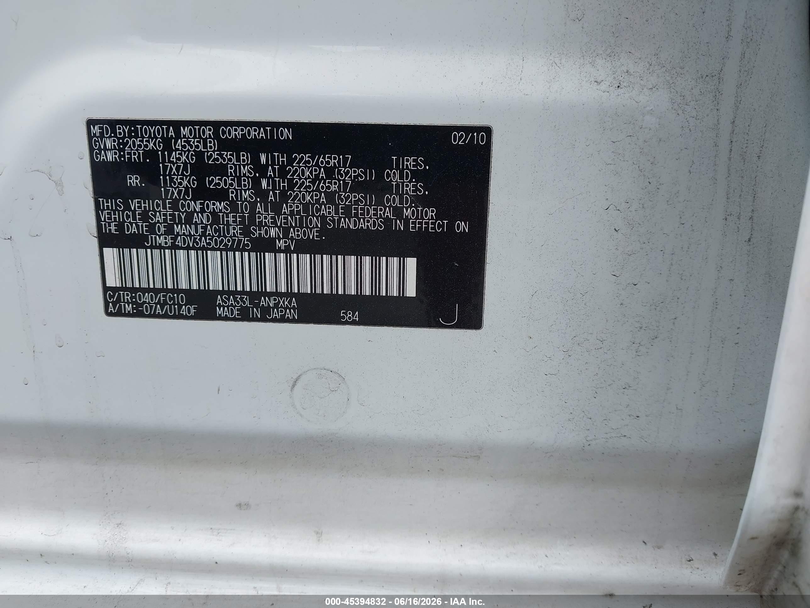 2010 Toyota Rav4   White vin: JTMBF4DV3A5029775