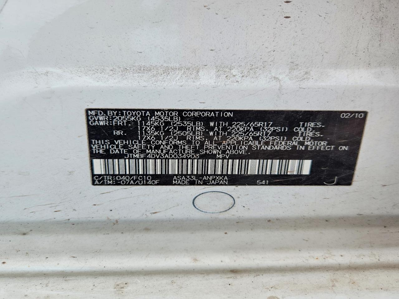 2010 Toyota Rav4 Base White vin: JTMBF4DV3AD034903