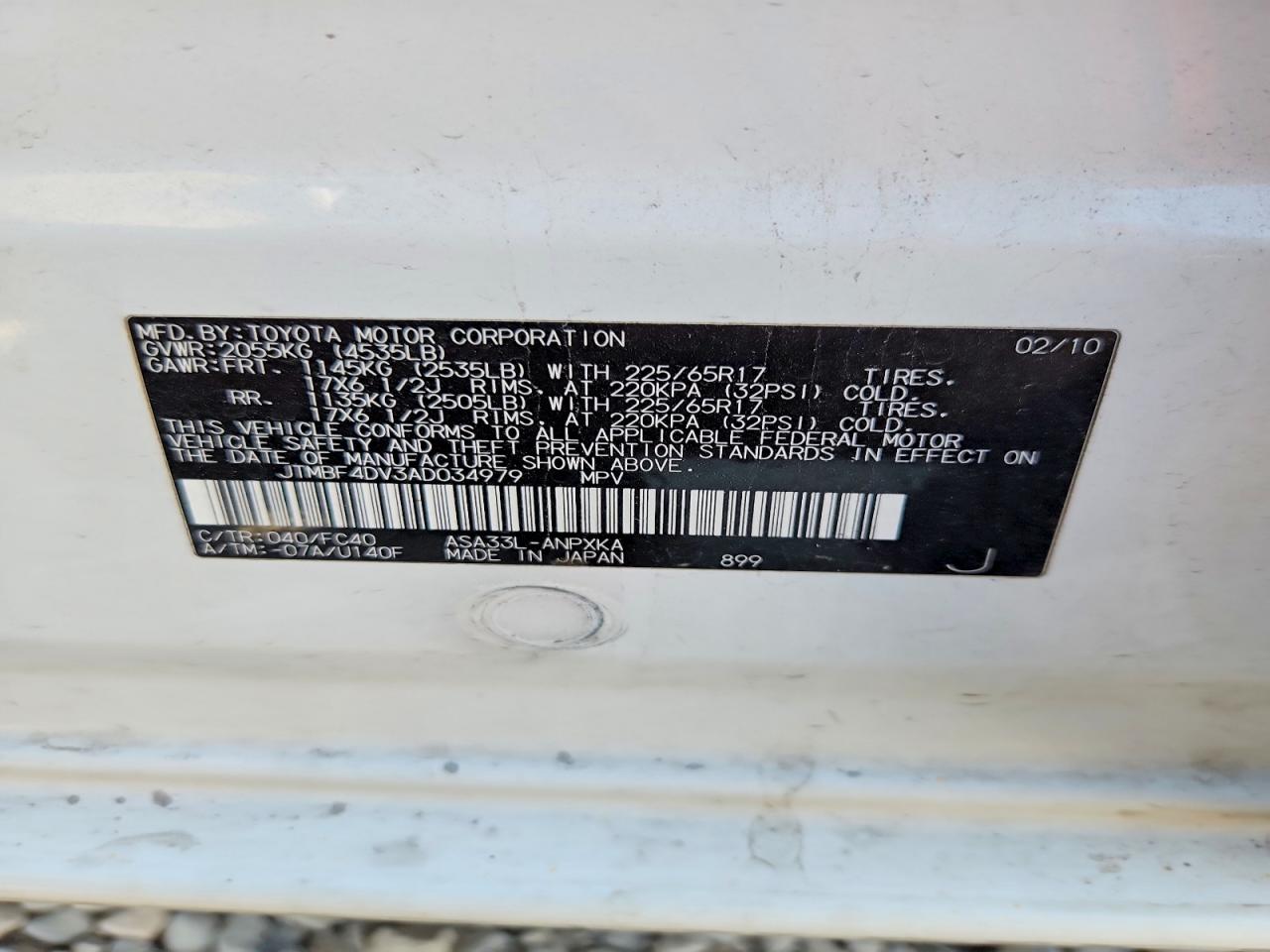 2010 Toyota Rav4 Base White vin: JTMBF4DV3AD034979