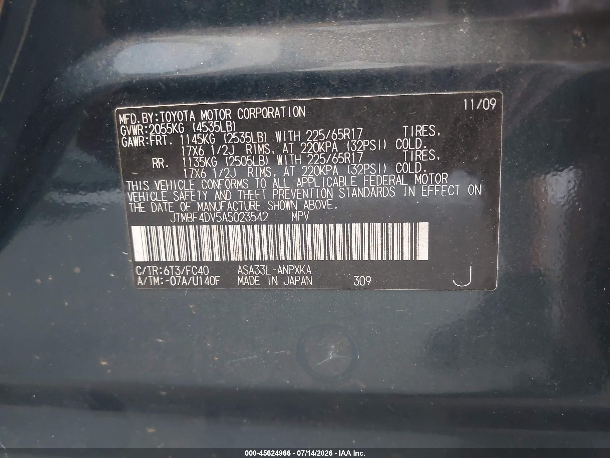 2010 Toyota Rav4 Blue vin: JTMBF4DV5A5023542