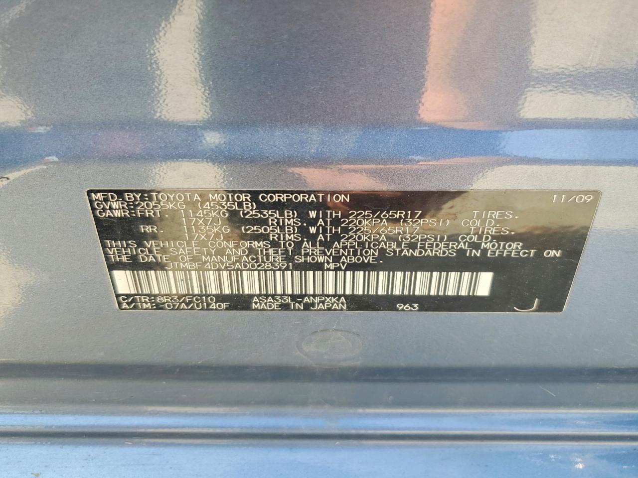 2010 Toyota Rav4 Base Blue vin: JTMBF4DV5AD028391