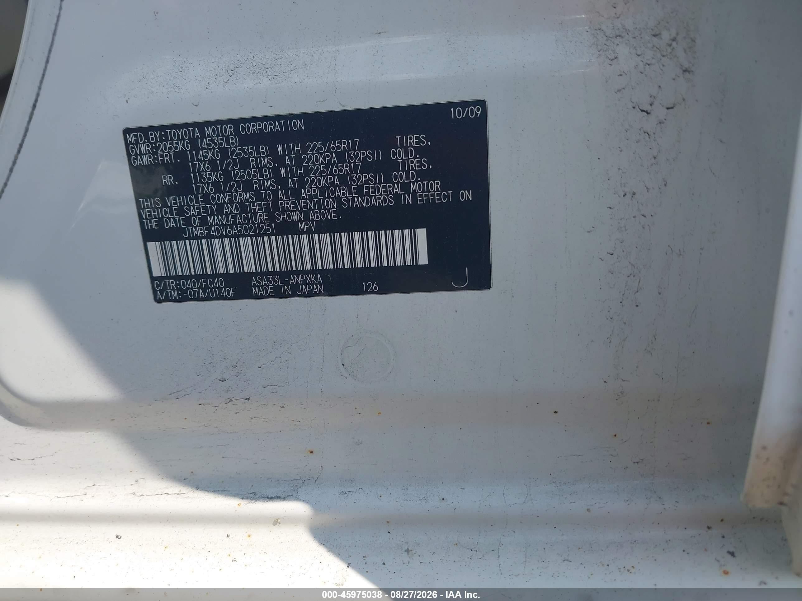 2010 Toyota Rav4   White vin: JTMBF4DV6A5021251