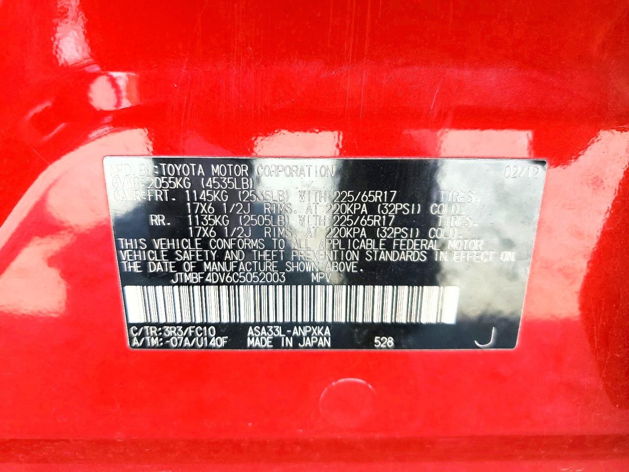 2012 Toyota Rav4 Base Red vin: JTMBF4DV6C5052003