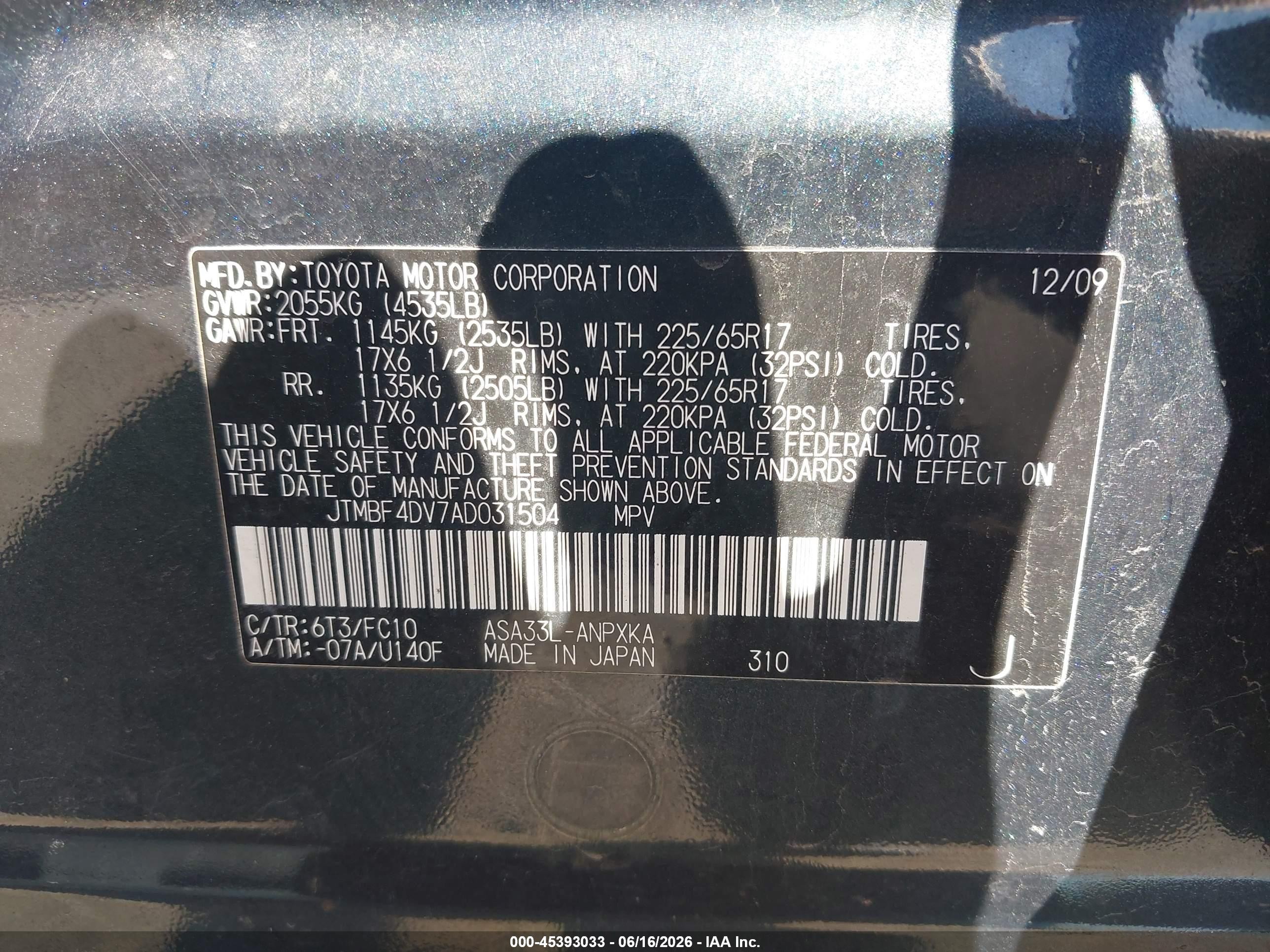 2010 Toyota Rav4   Dark Blue vin: JTMBF4DV7AD031504