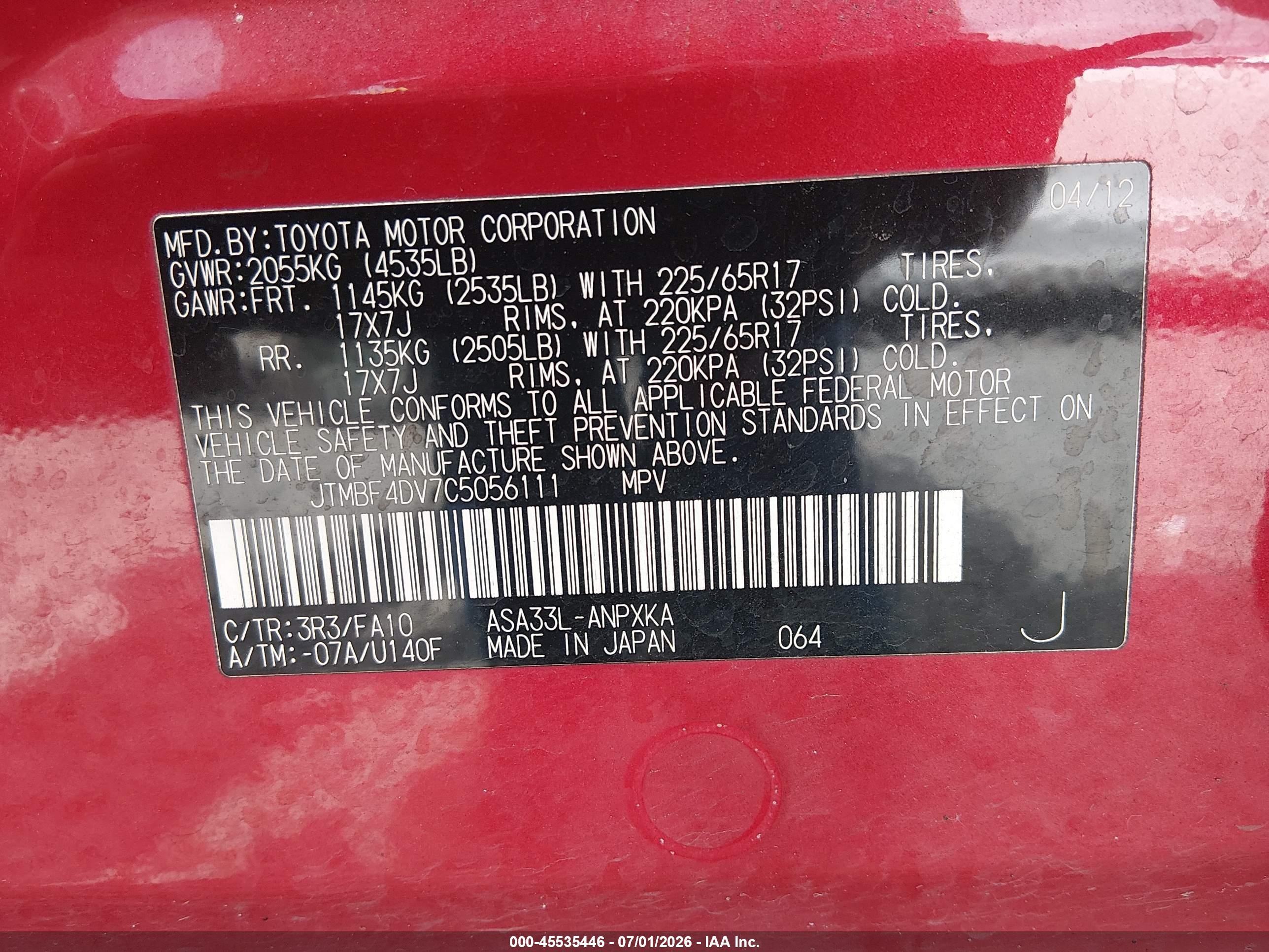 2012 Toyota Rav4   Red vin: JTMBF4DV7C5056111