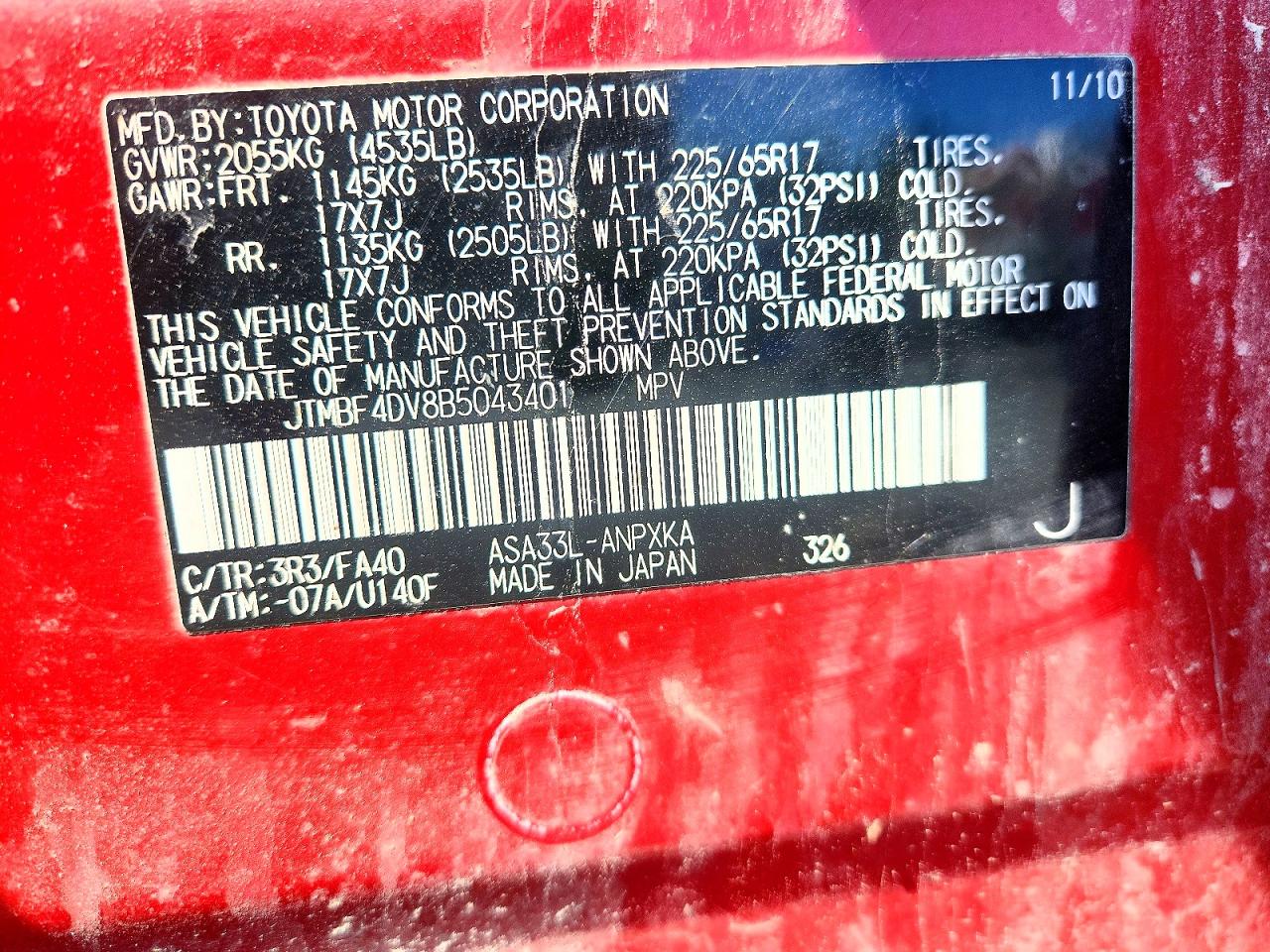 2011 Toyota Rav4 Base Red vin: JTMBF4DV8B5043401