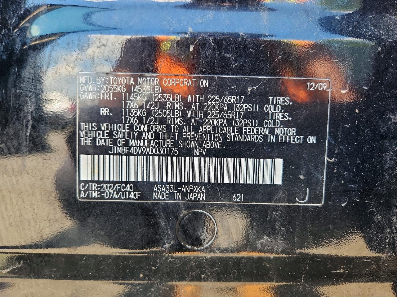 2010 Toyota Rav4 Base Black vin: JTMBF4DV9AD030175