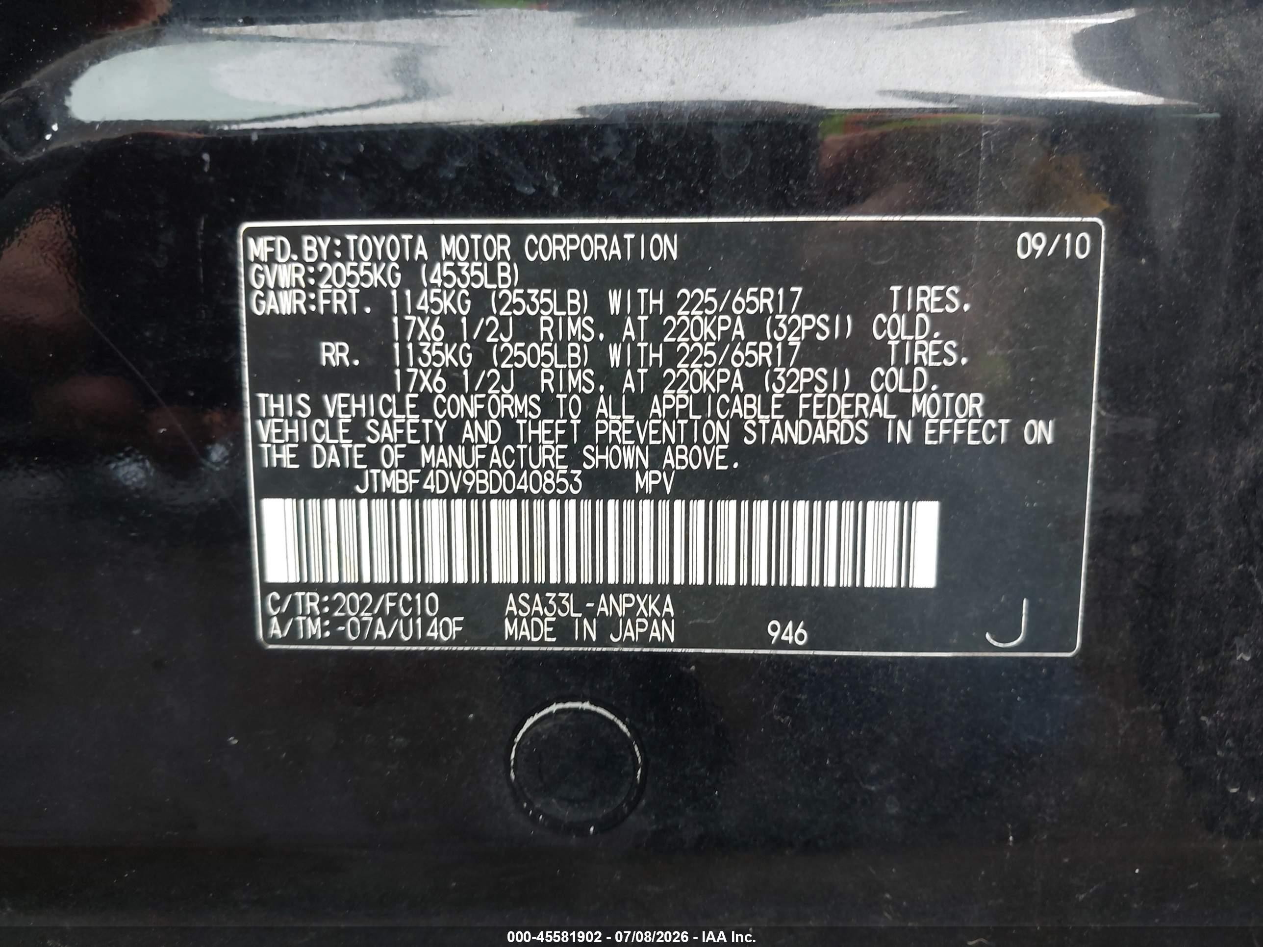 2011 Toyota Rav4   Black vin: JTMBF4DV9BD040853