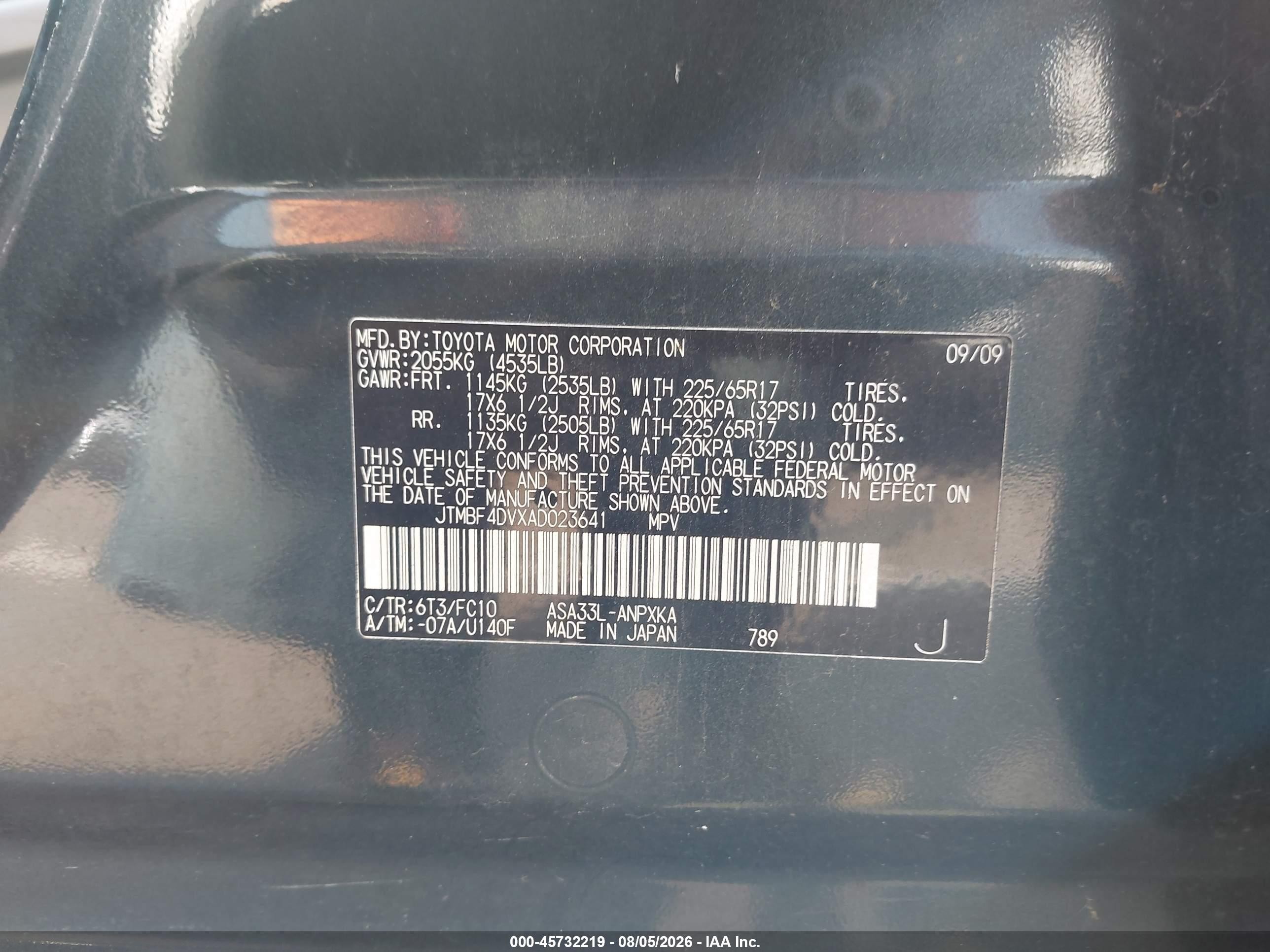 2010 Toyota Rav4   Green vin: JTMBF4DVXAD023641