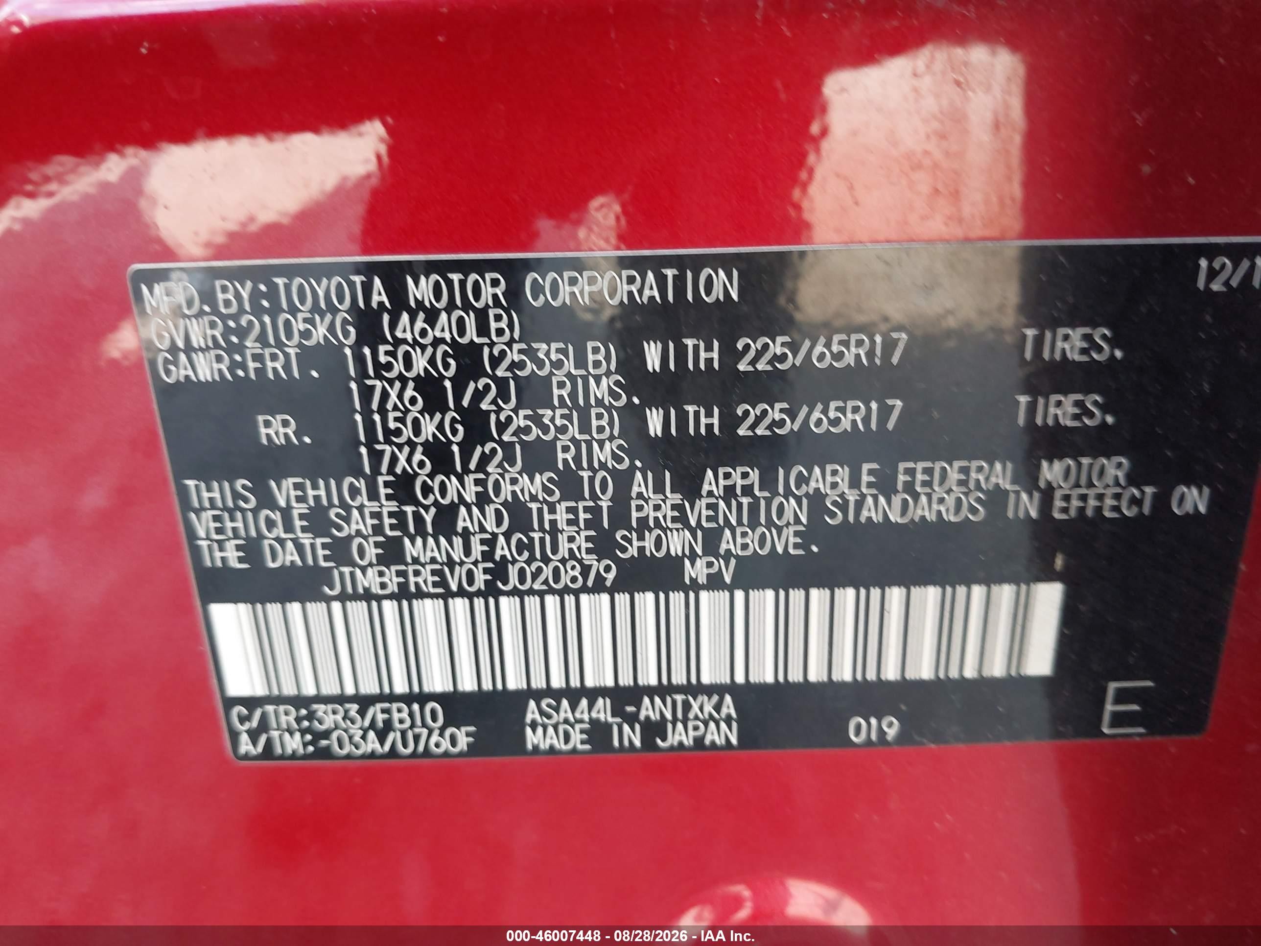 2015 Toyota Rav4 Le Red vin: JTMBFREV0FJ020879