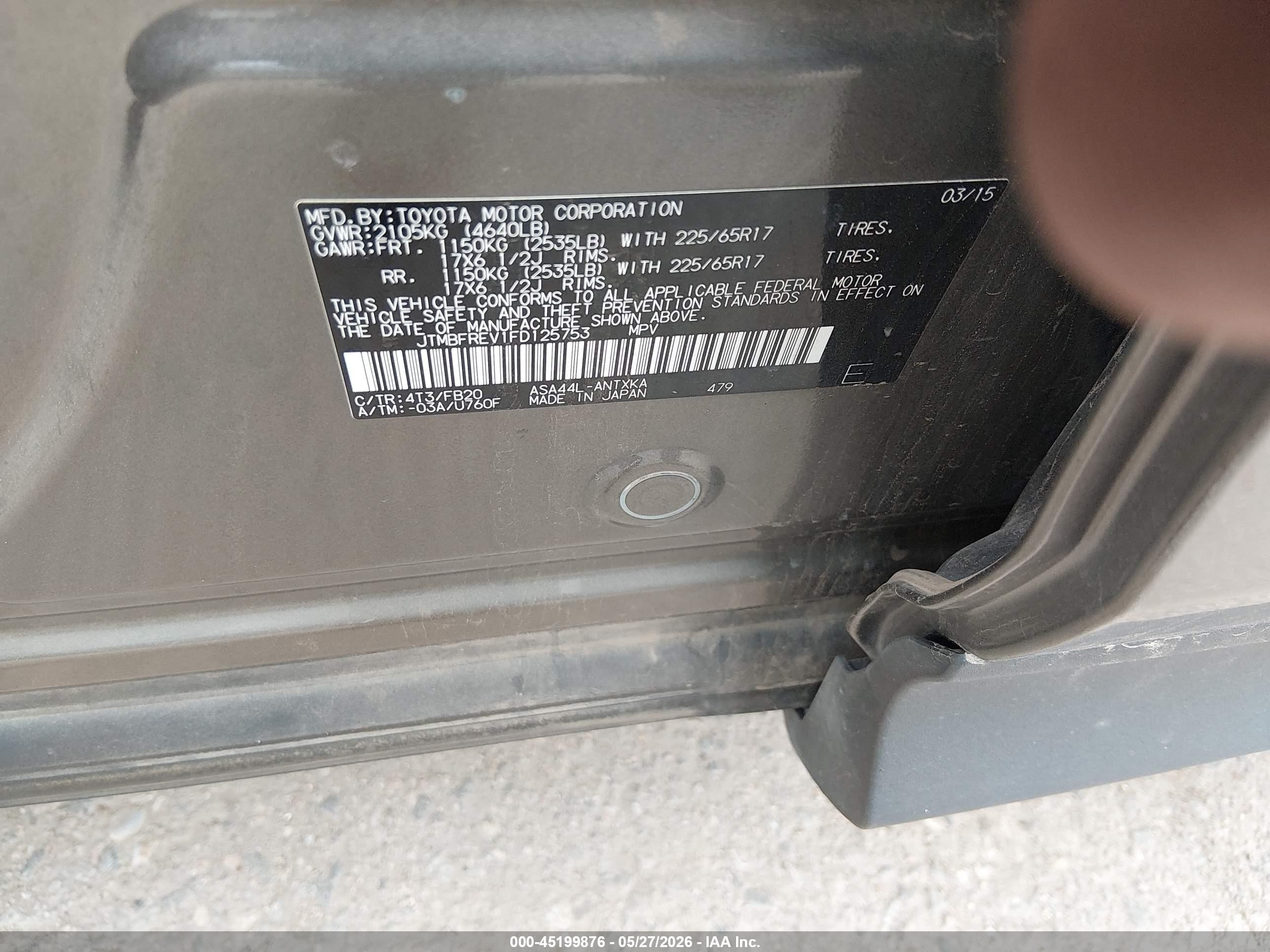 2015 Toyota Rav4 Le Gray vin: JTMBFREV1FD125753