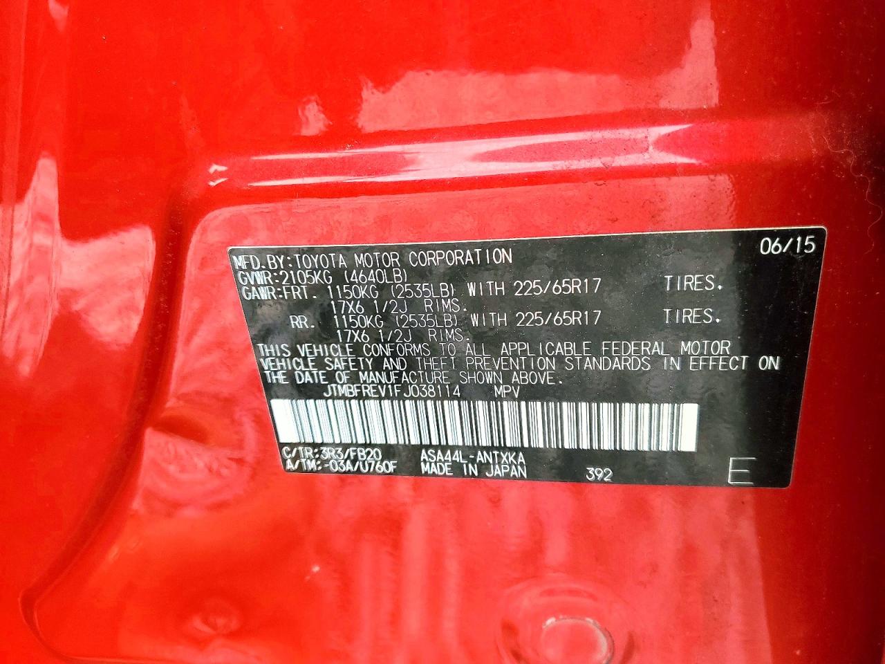 2015 Toyota Rav4 Le Красный vin: JTMBFREV1FJ038114