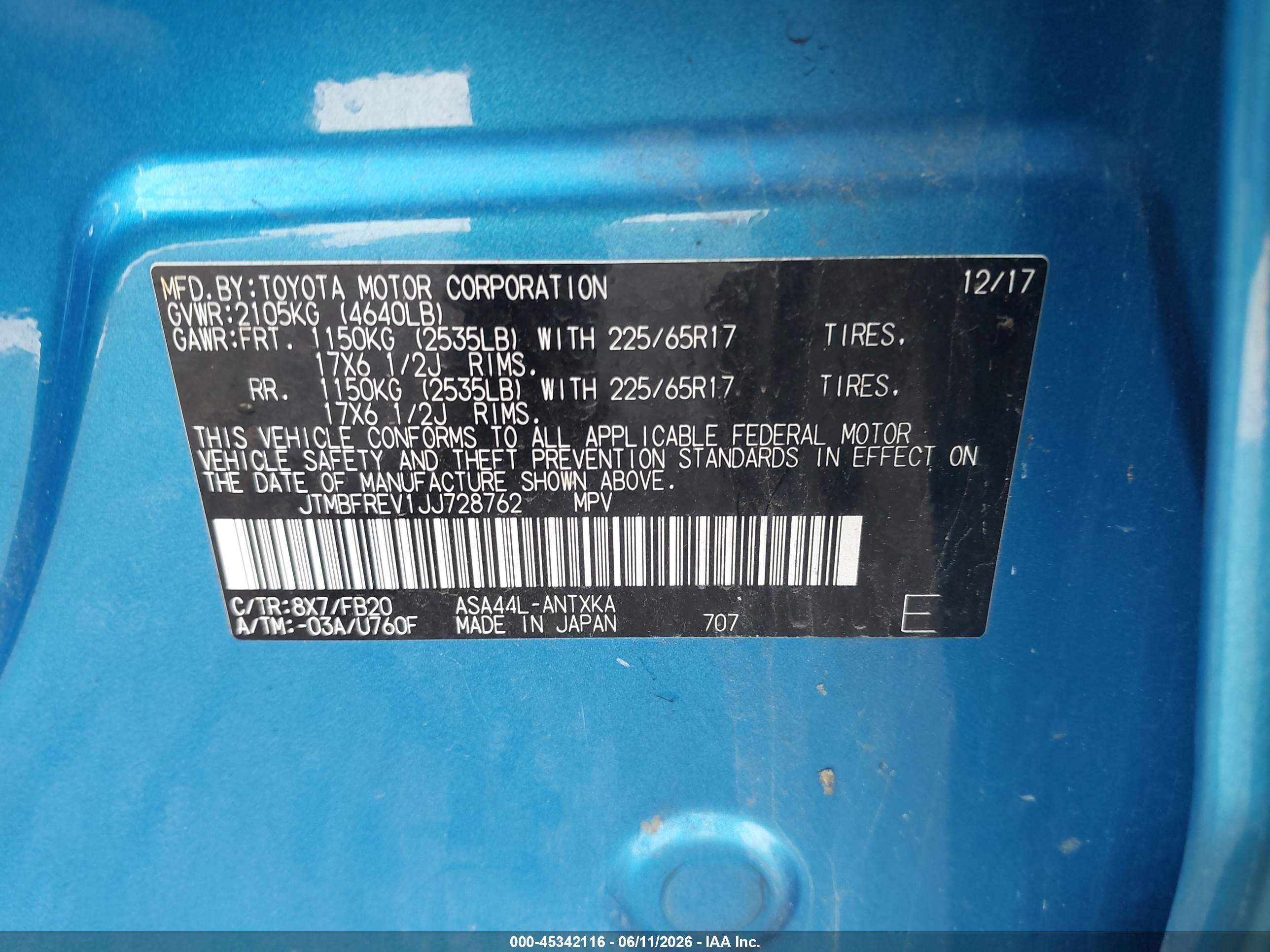 2018 Toyota Rav4 Le Blue vin: JTMBFREV1JJ728762