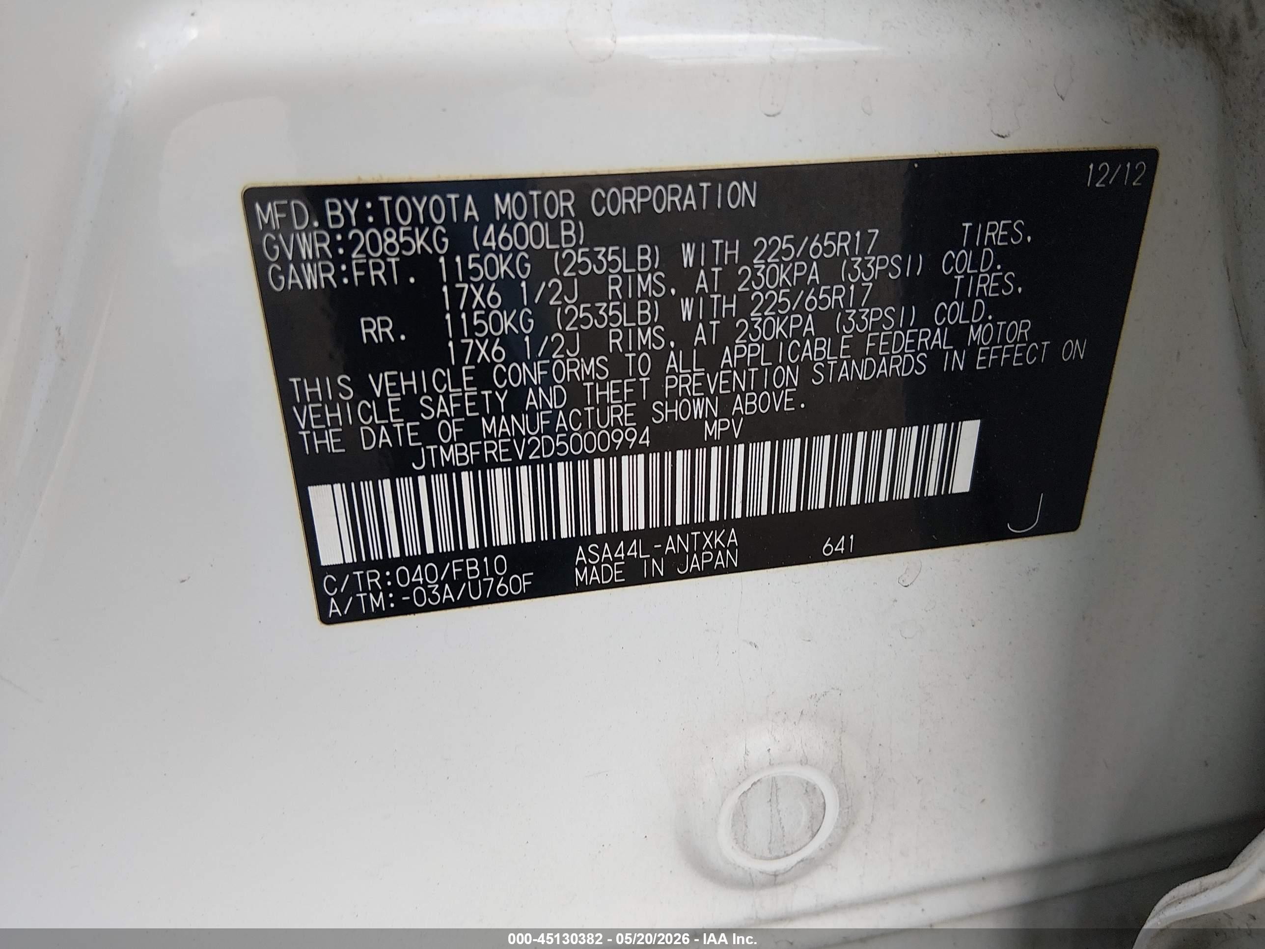 2013 Toyota Rav4 Le White vin: JTMBFREV2D5000994