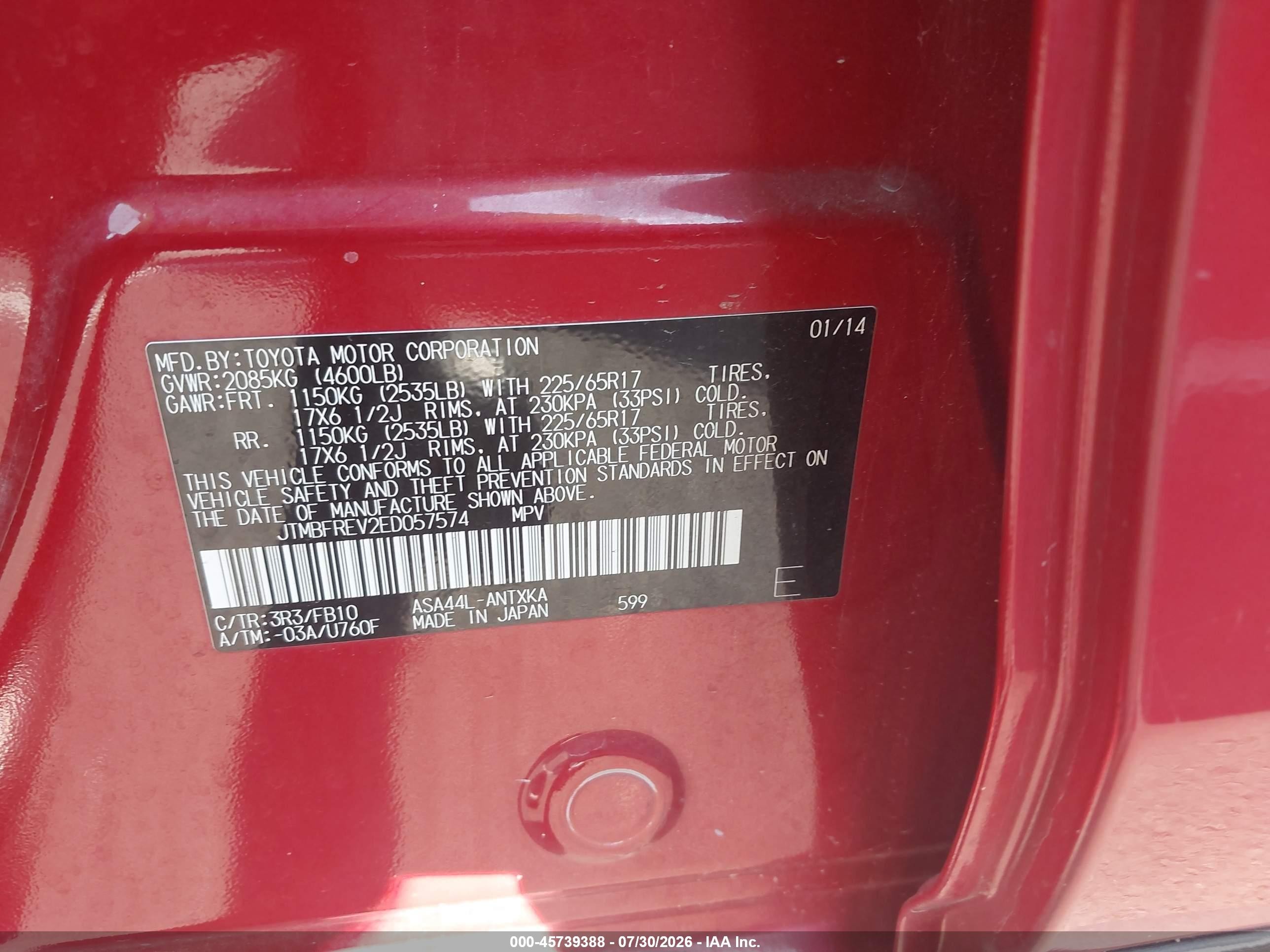 2014 Toyota Rav4 Le Red vin: JTMBFREV2ED057574