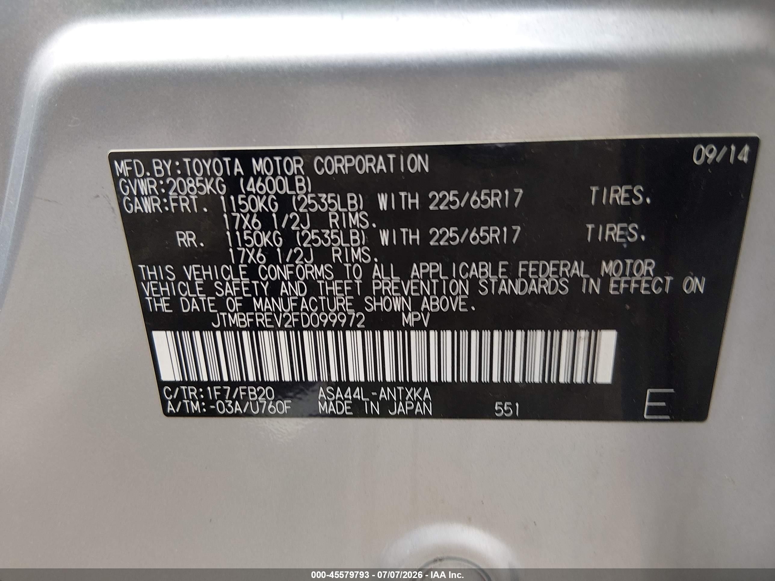 2015 Toyota Rav4 Le Silver vin: JTMBFREV2FD099972