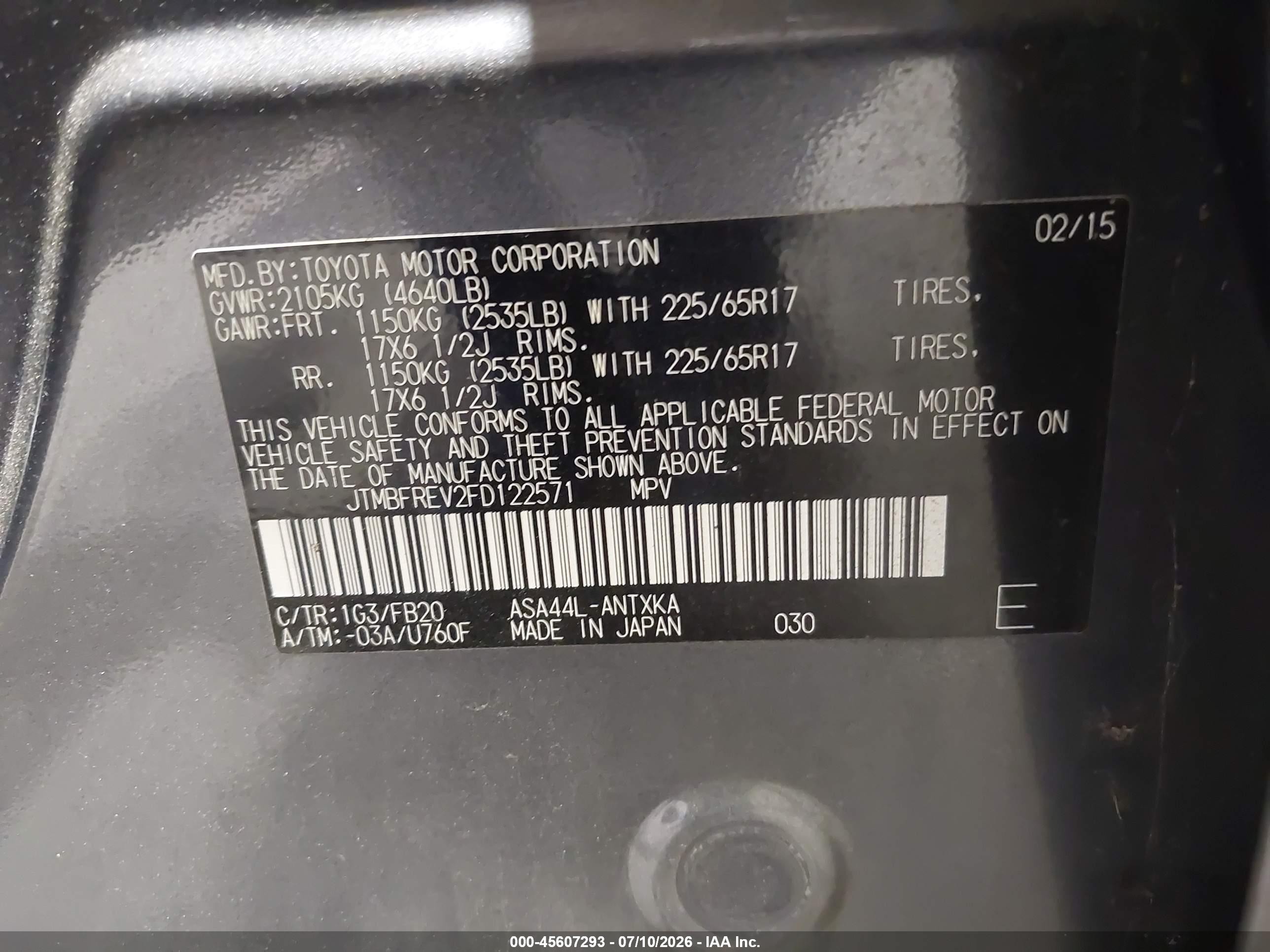 2015 Toyota Rav4 Le Gray vin: JTMBFREV2FD122571