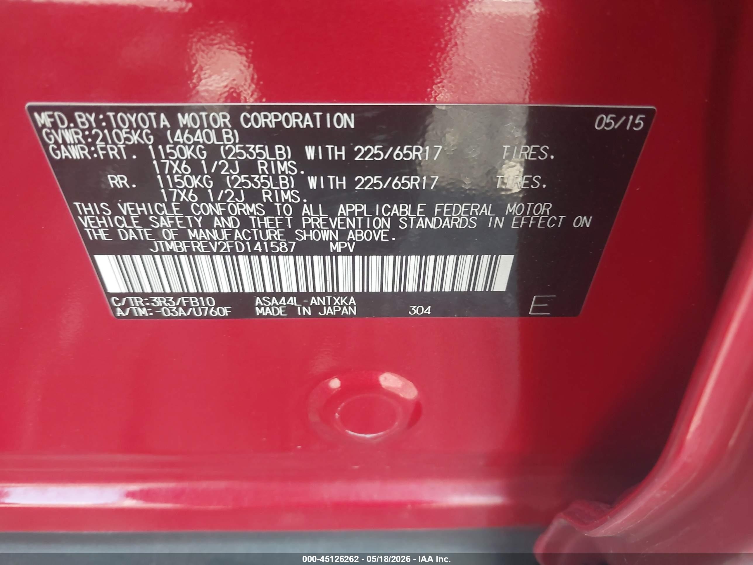 2015 Toyota Rav4 Le Red vin: JTMBFREV2FD141587