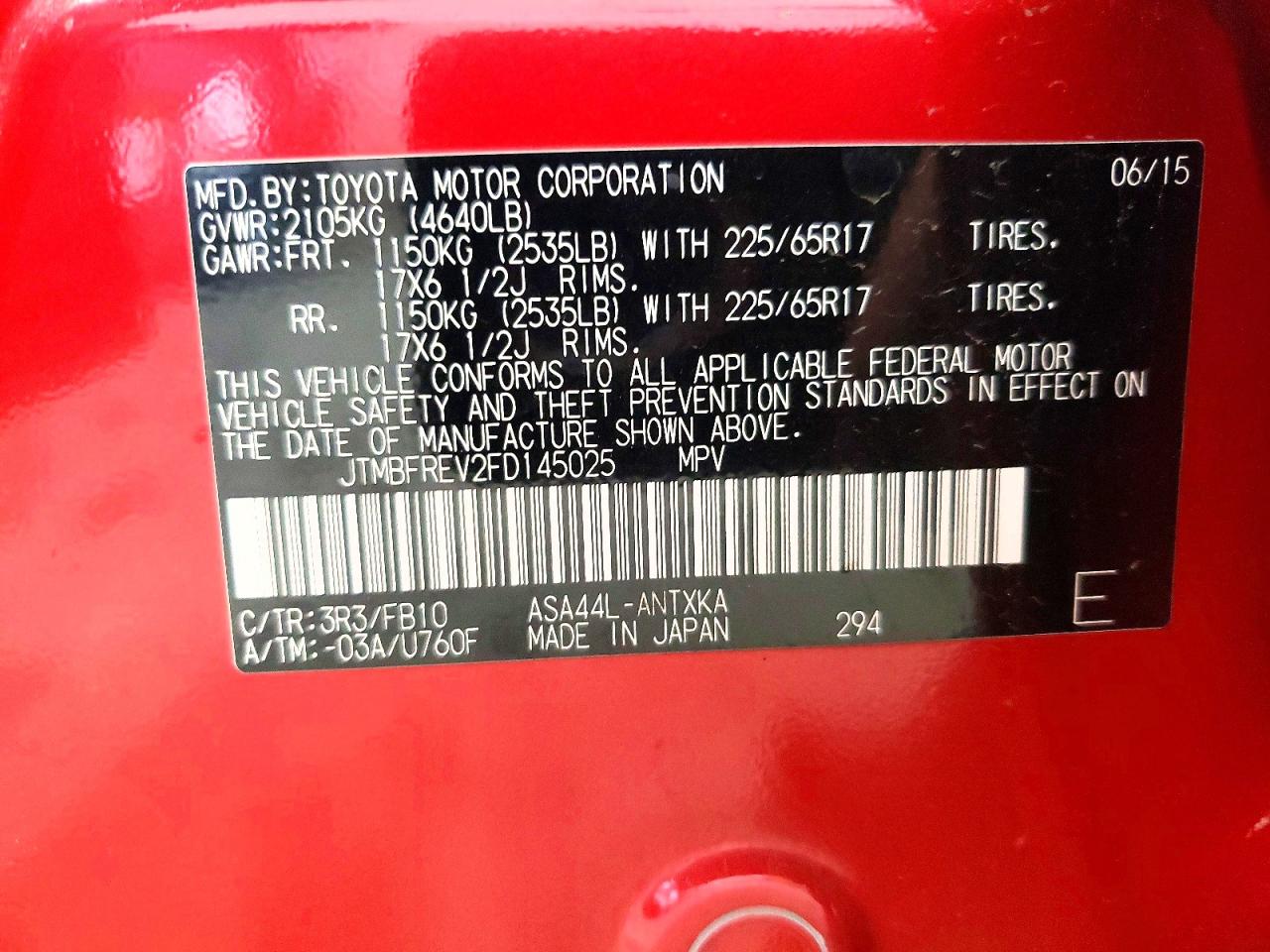 2015 Toyota Rav4 Le Red vin: JTMBFREV2FD145025