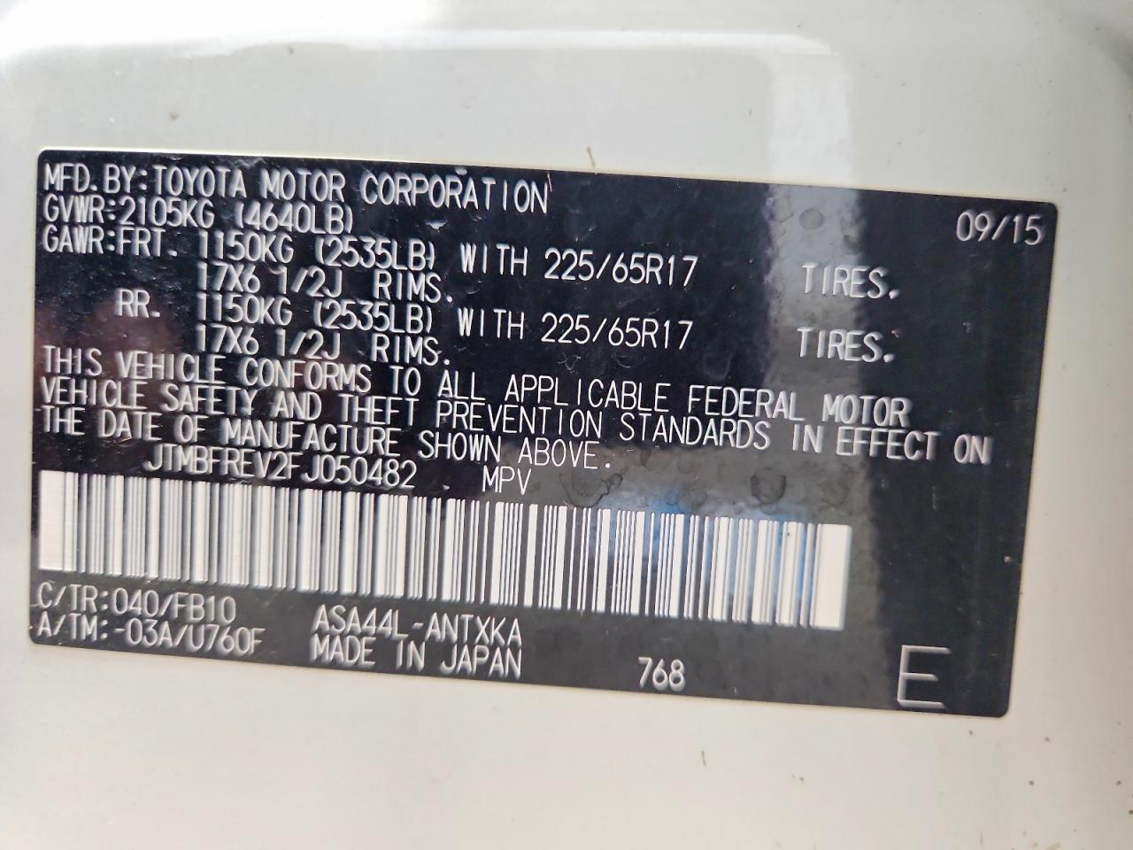 2015 Toyota Rav4 Le White vin: JTMBFREV2FJ050482