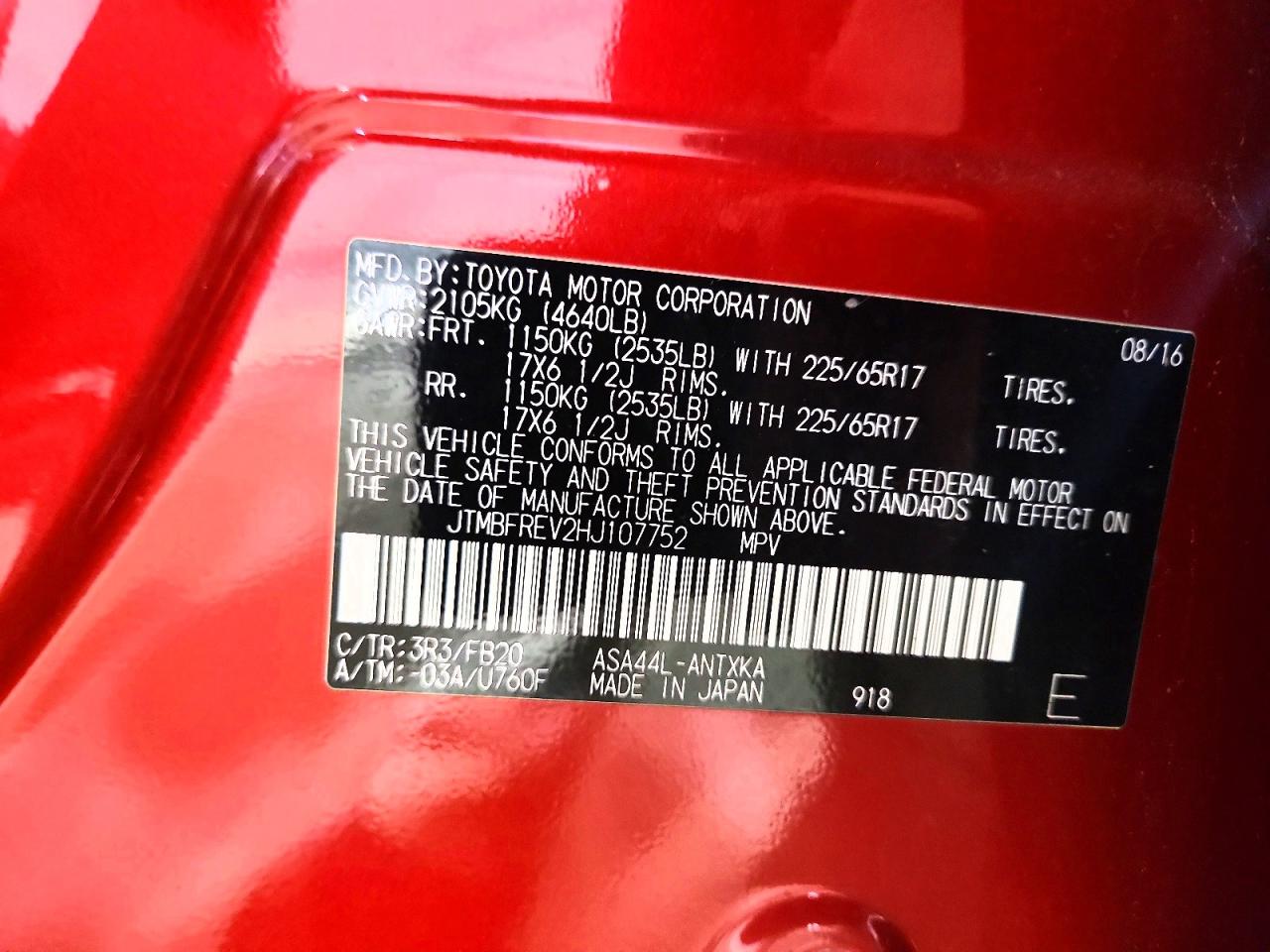 2017 Toyota Rav4 Le Red vin: JTMBFREV2HJ107752