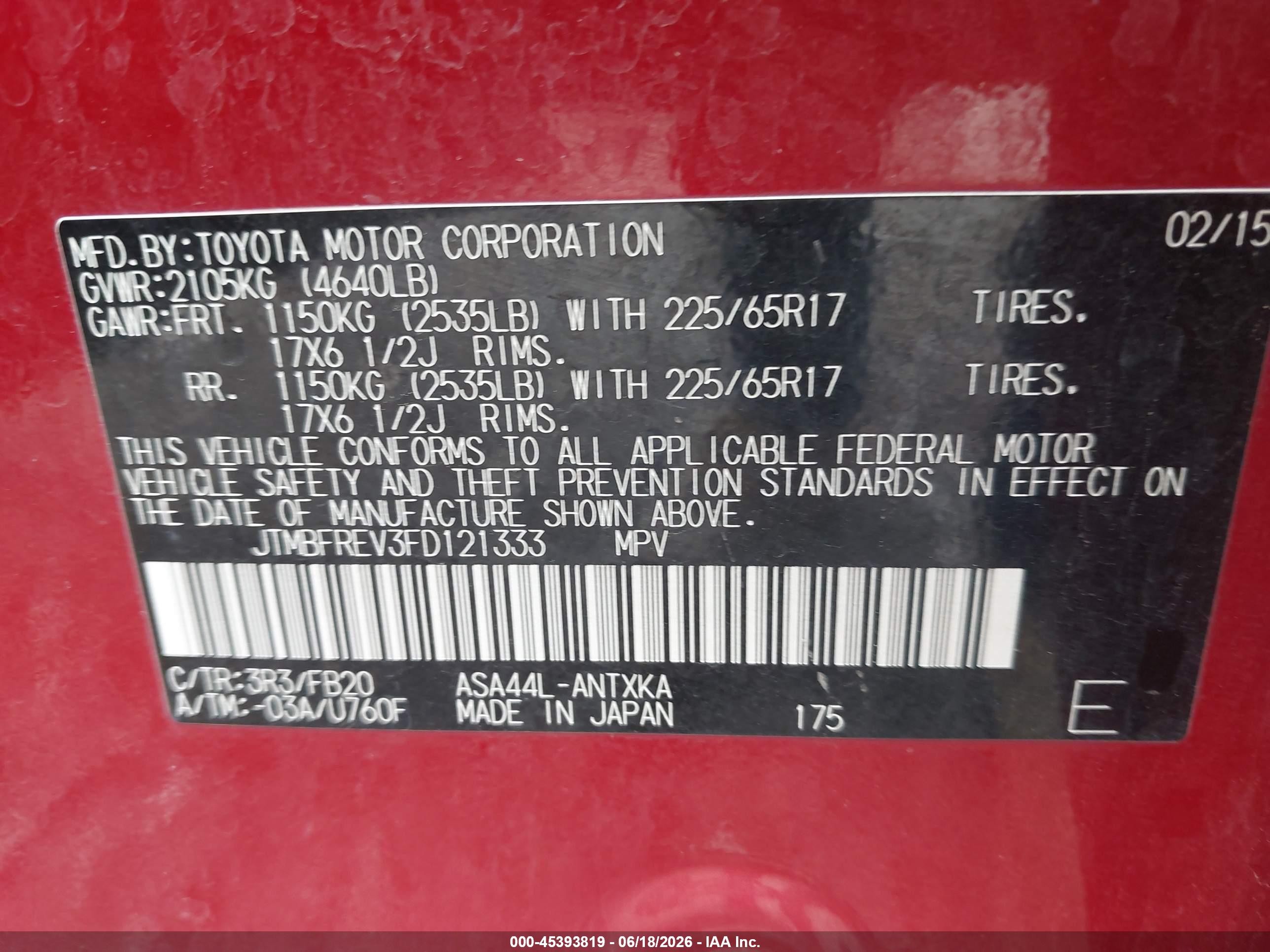 2015 Toyota Rav4 Le Red vin: JTMBFREV3FD121333