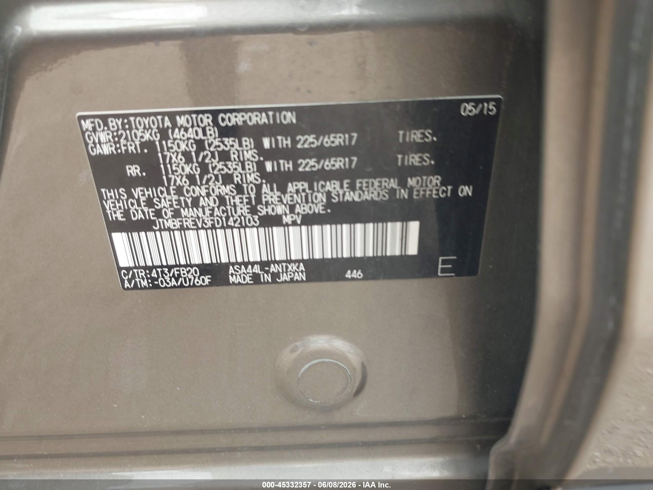 2015 Toyota Rav4 Le Gray vin: JTMBFREV3FD142103