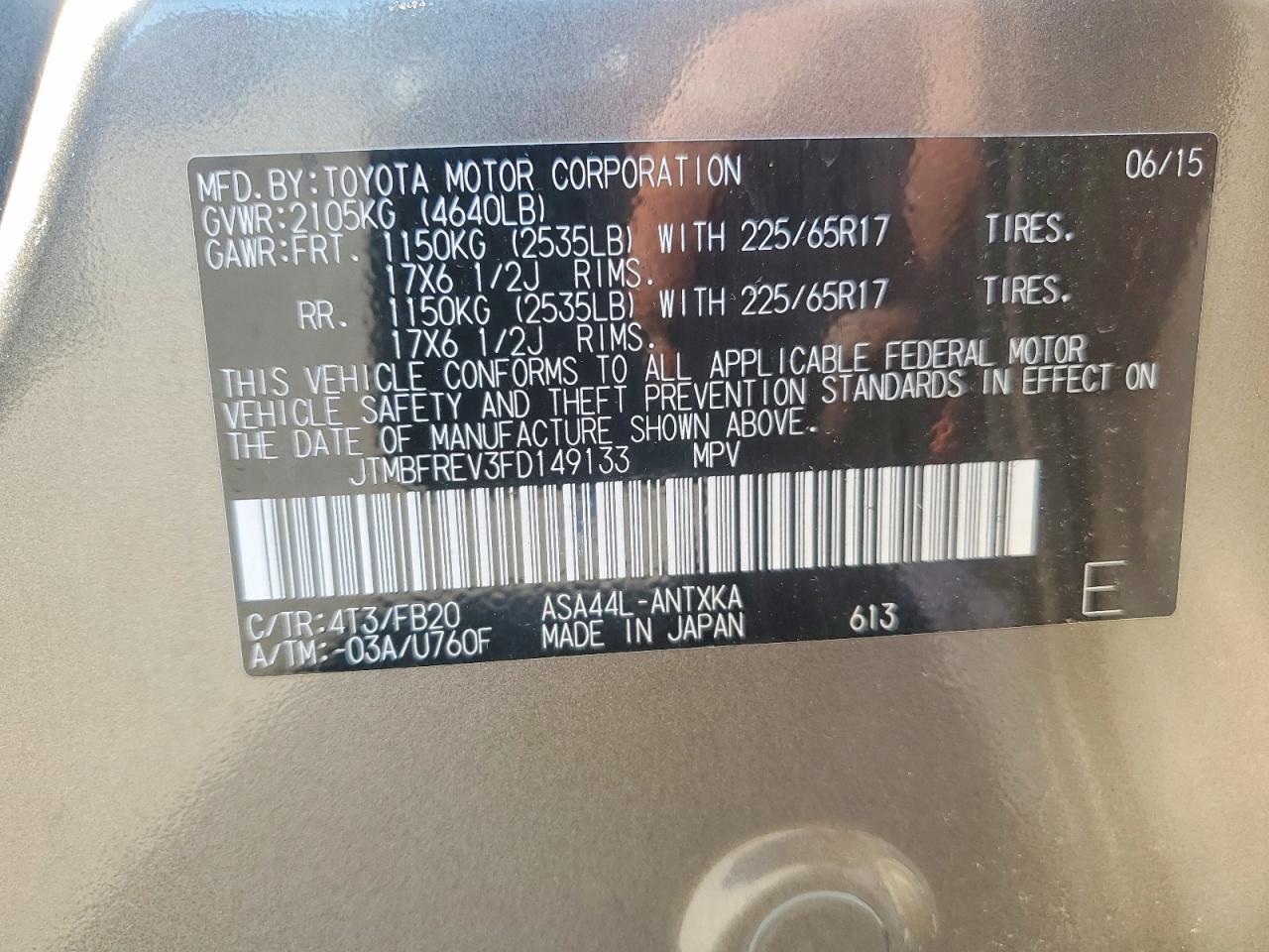 2015 Toyota Rav4 Le Gray vin: JTMBFREV3FD149133