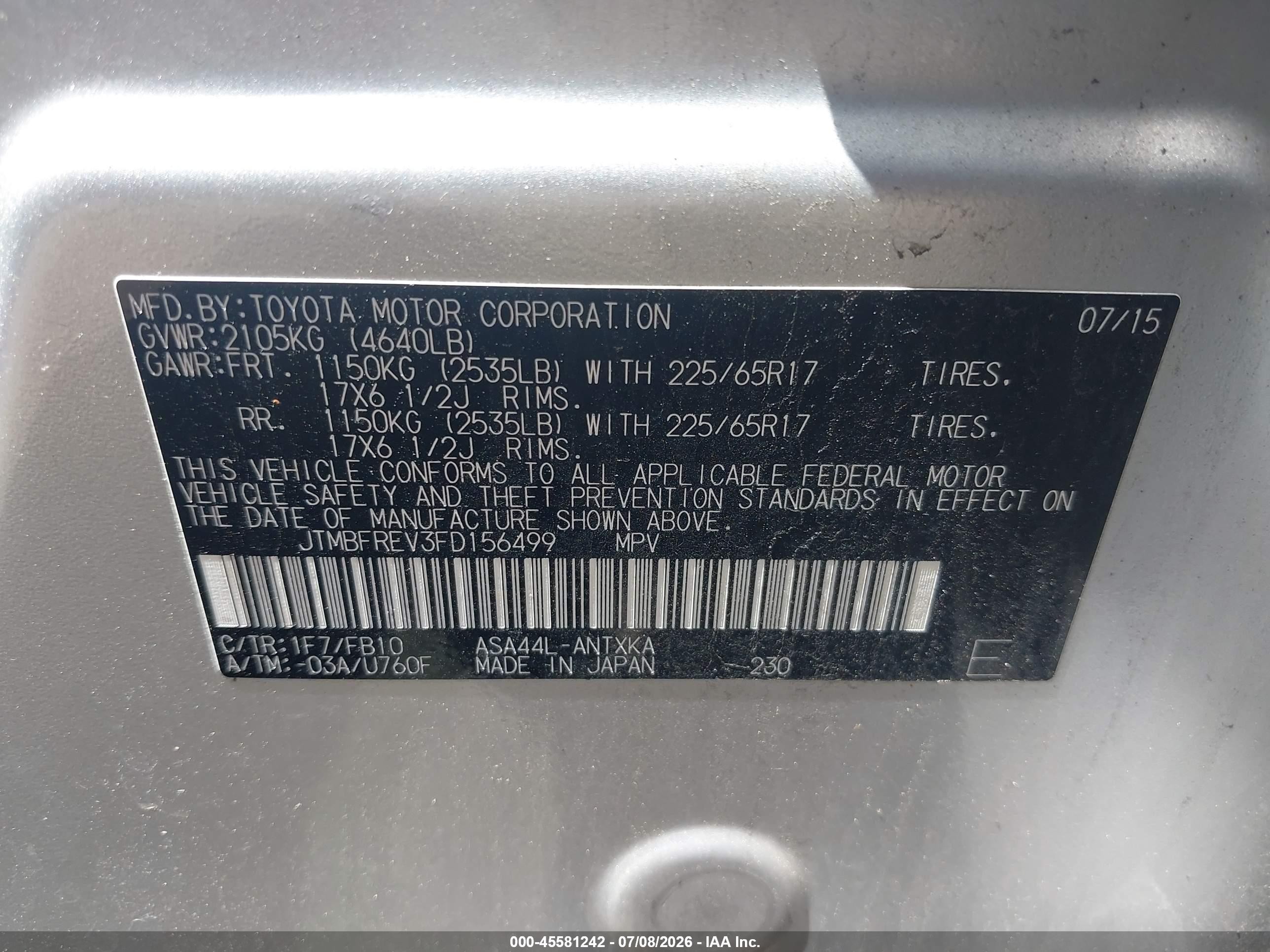 2015 Toyota Rav4 Le Серебряный vin: JTMBFREV3FD156499