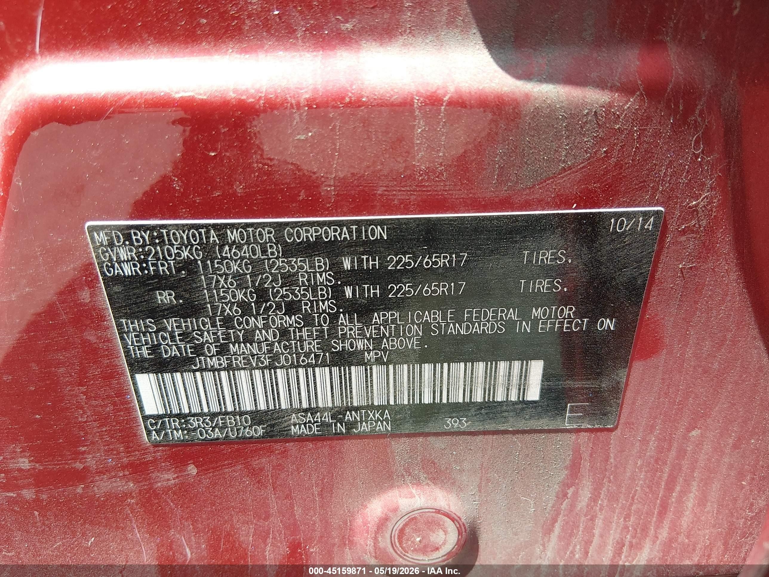 2015 Toyota Rav4 Le Red vin: JTMBFREV3FJ016471