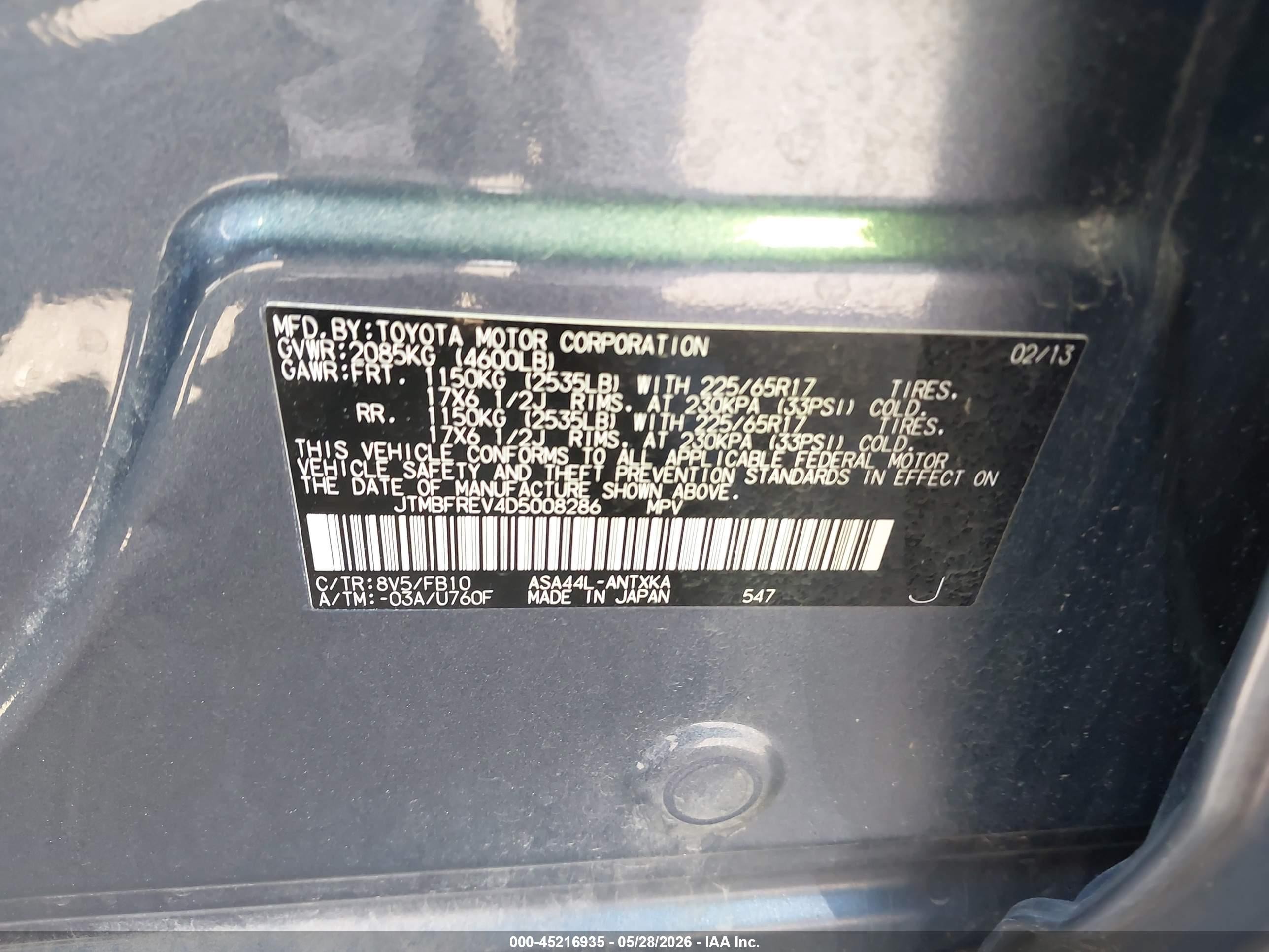 2013 Toyota Rav4 Le Blue vin: JTMBFREV4D5008286
