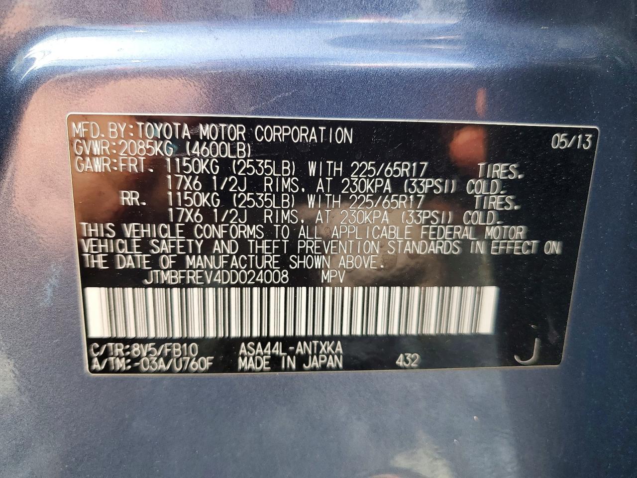 2013 Toyota Rav4 Le Blue vin: JTMBFREV4DD024008