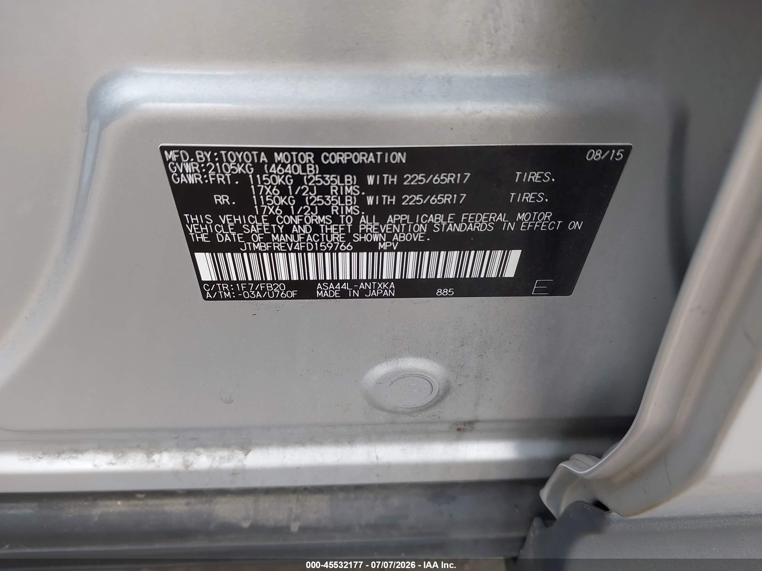 2015 Toyota Rav4 Le Gray vin: JTMBFREV4FD159766