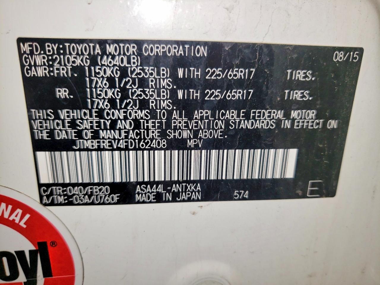 2015 Toyota Rav4 Le White vin: JTMBFREV4FD162408