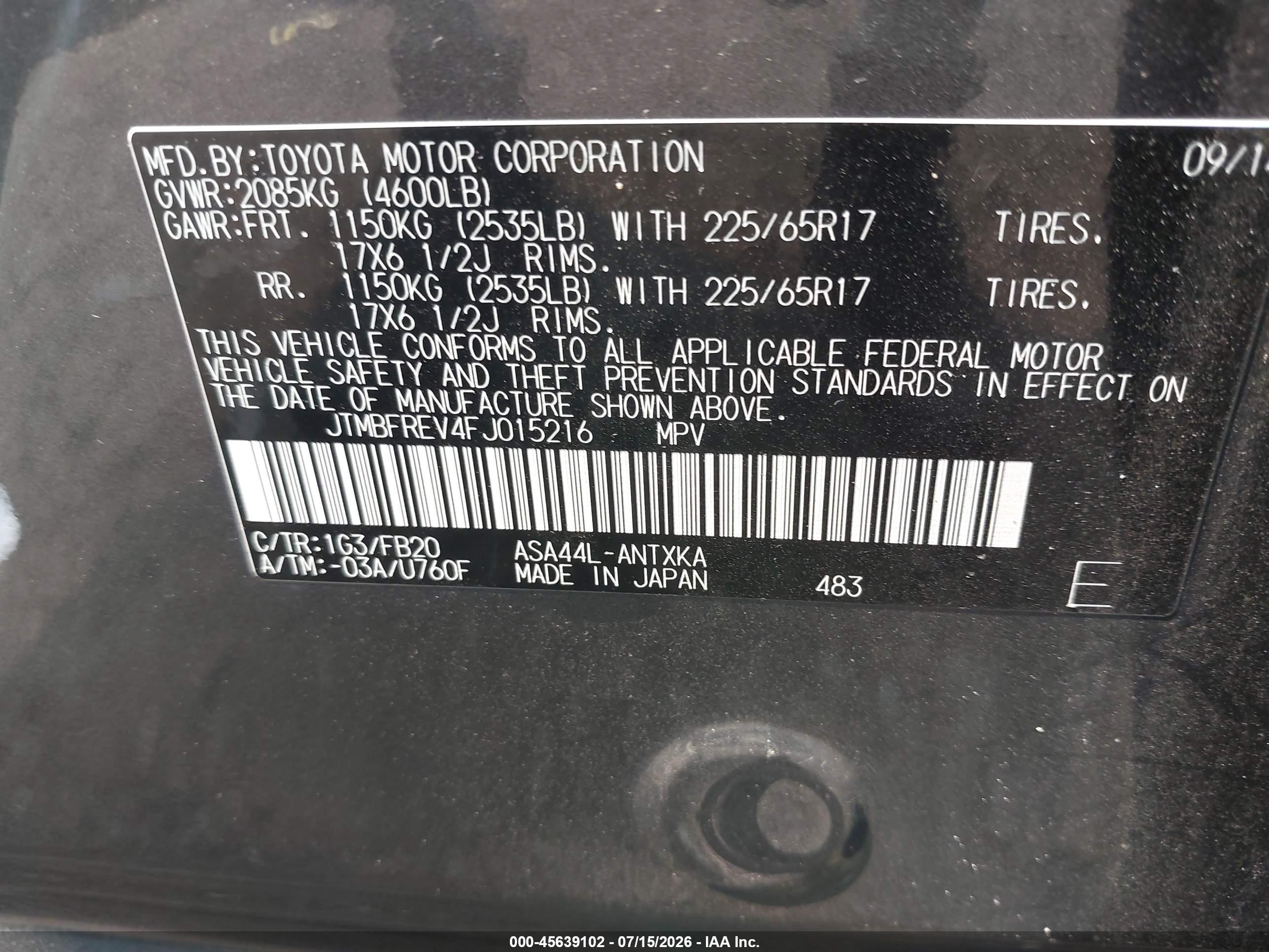 2015 Toyota Rav4 Le Gray vin: JTMBFREV4FJ015216