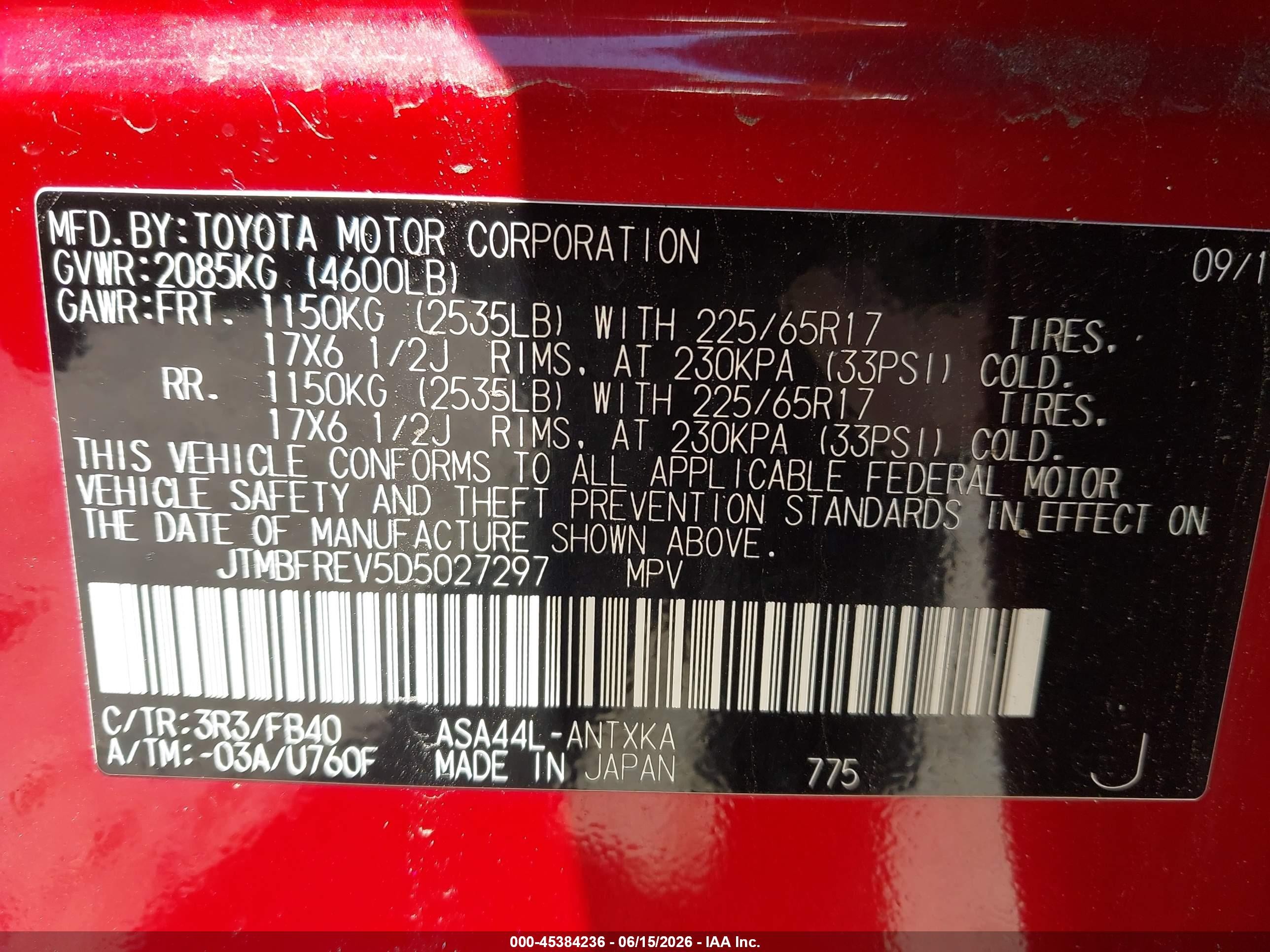 2013 Toyota Rav4 Le Red vin: JTMBFREV5D5027297