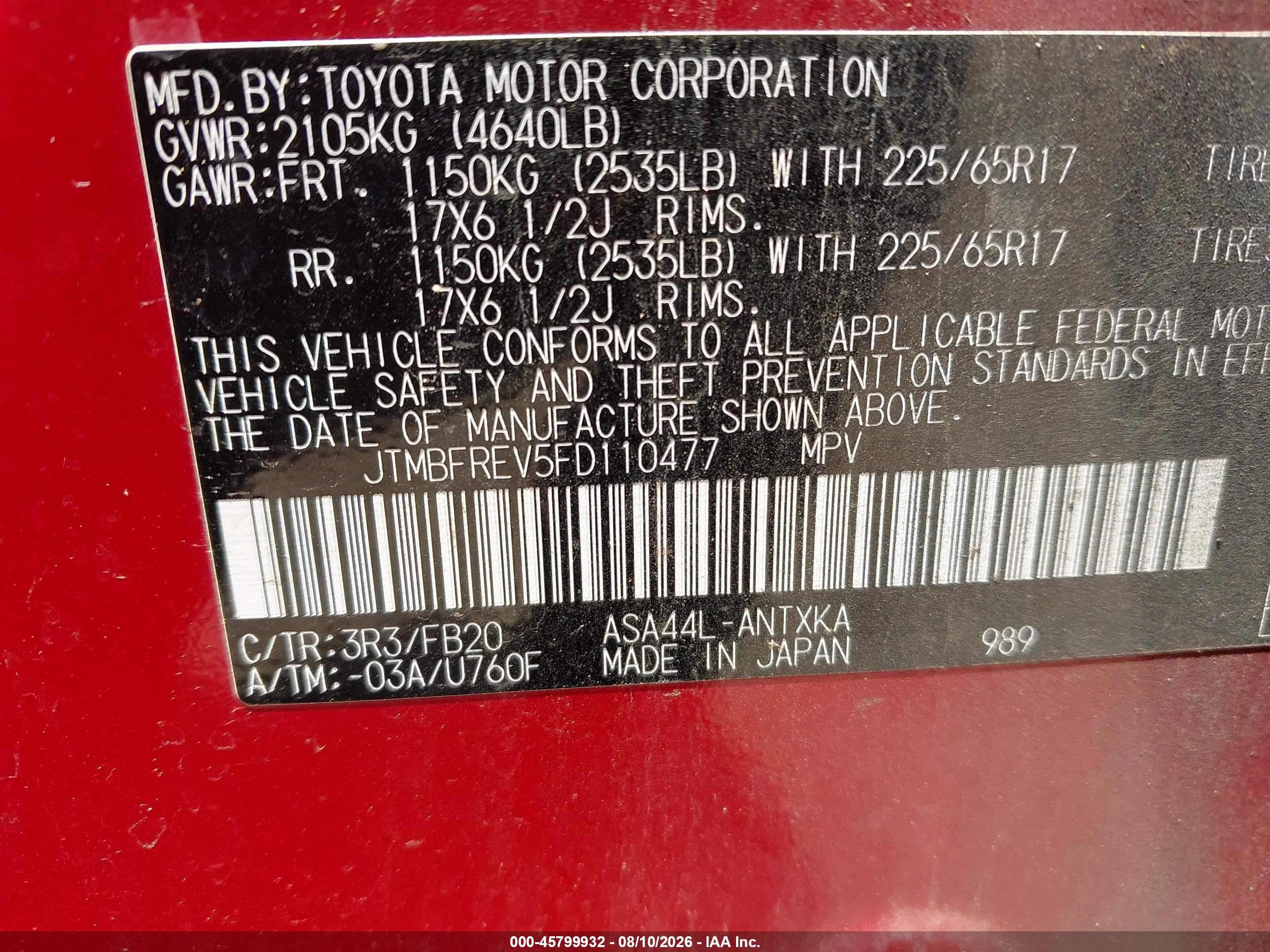 2015 Toyota Rav4 Le Red vin: JTMBFREV5FD110477