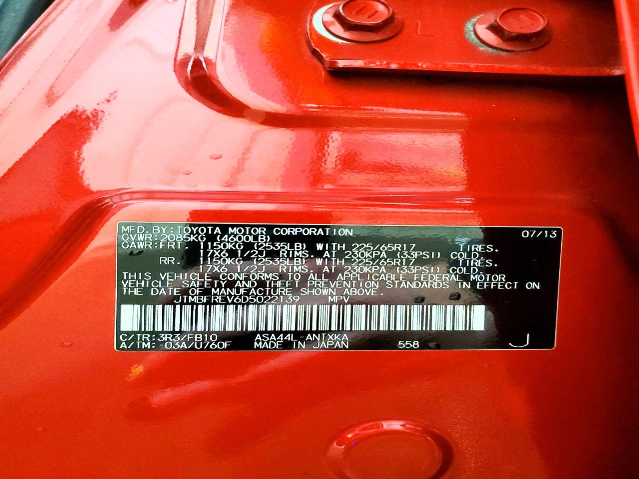 2013 Toyota Rav4 Le Red vin: JTMBFREV6D5022139