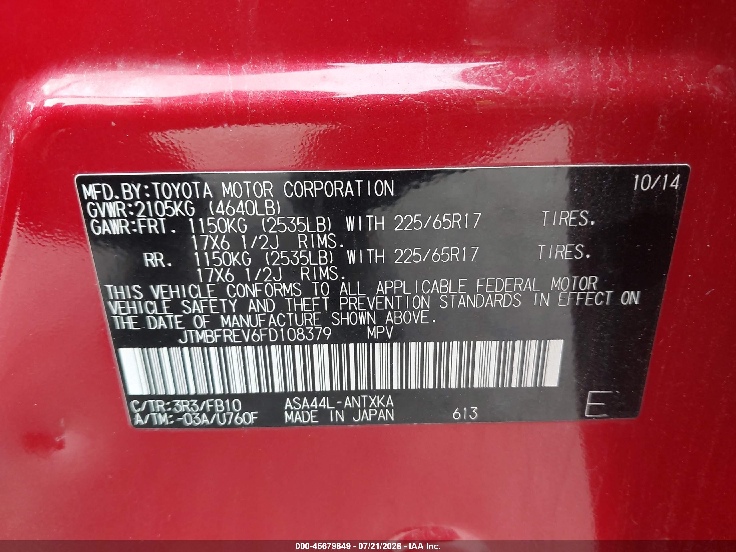 2015 Toyota Rav4 Le Red vin: JTMBFREV6FD108379