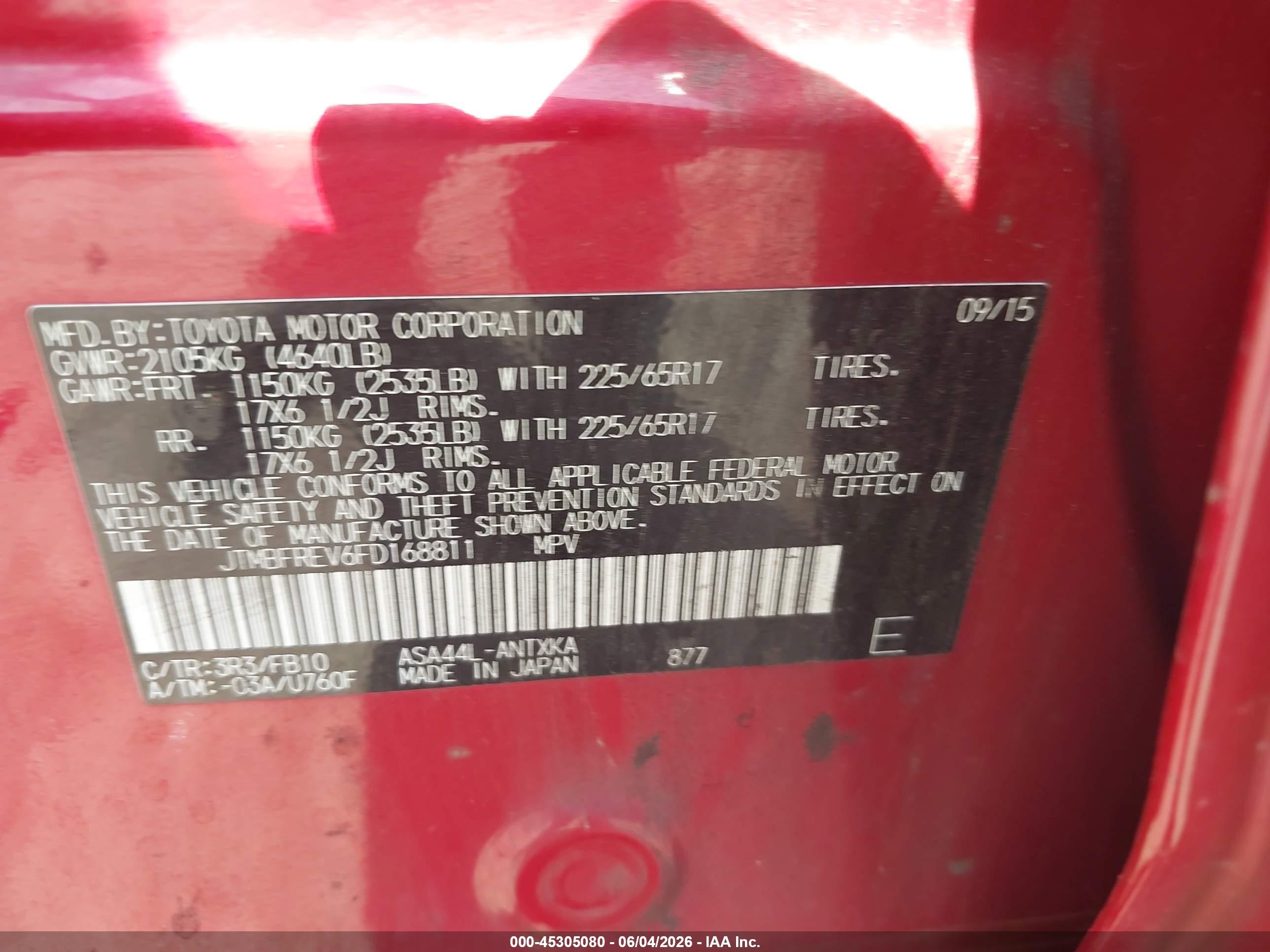 2015 Toyota Rav4 Le Red vin: JTMBFREV6FD168811