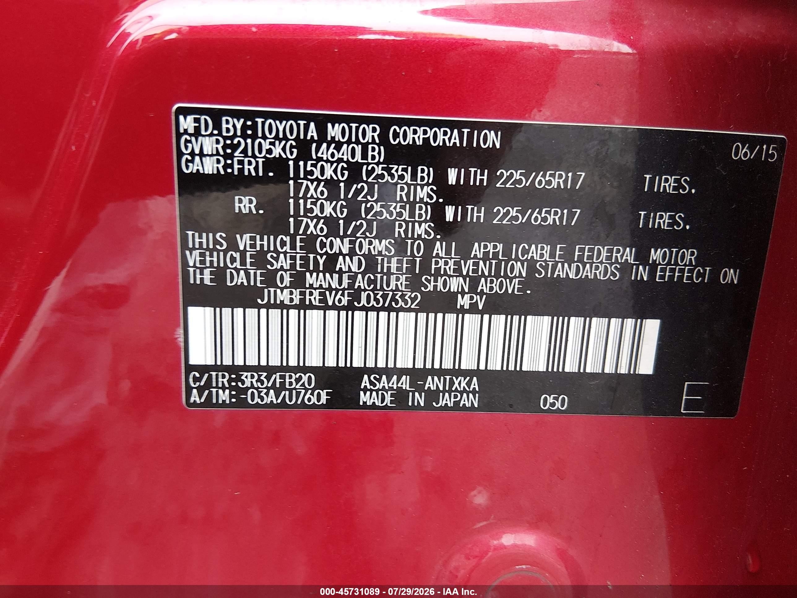 2015 Toyota Rav4 Le Red vin: JTMBFREV6FJ037332