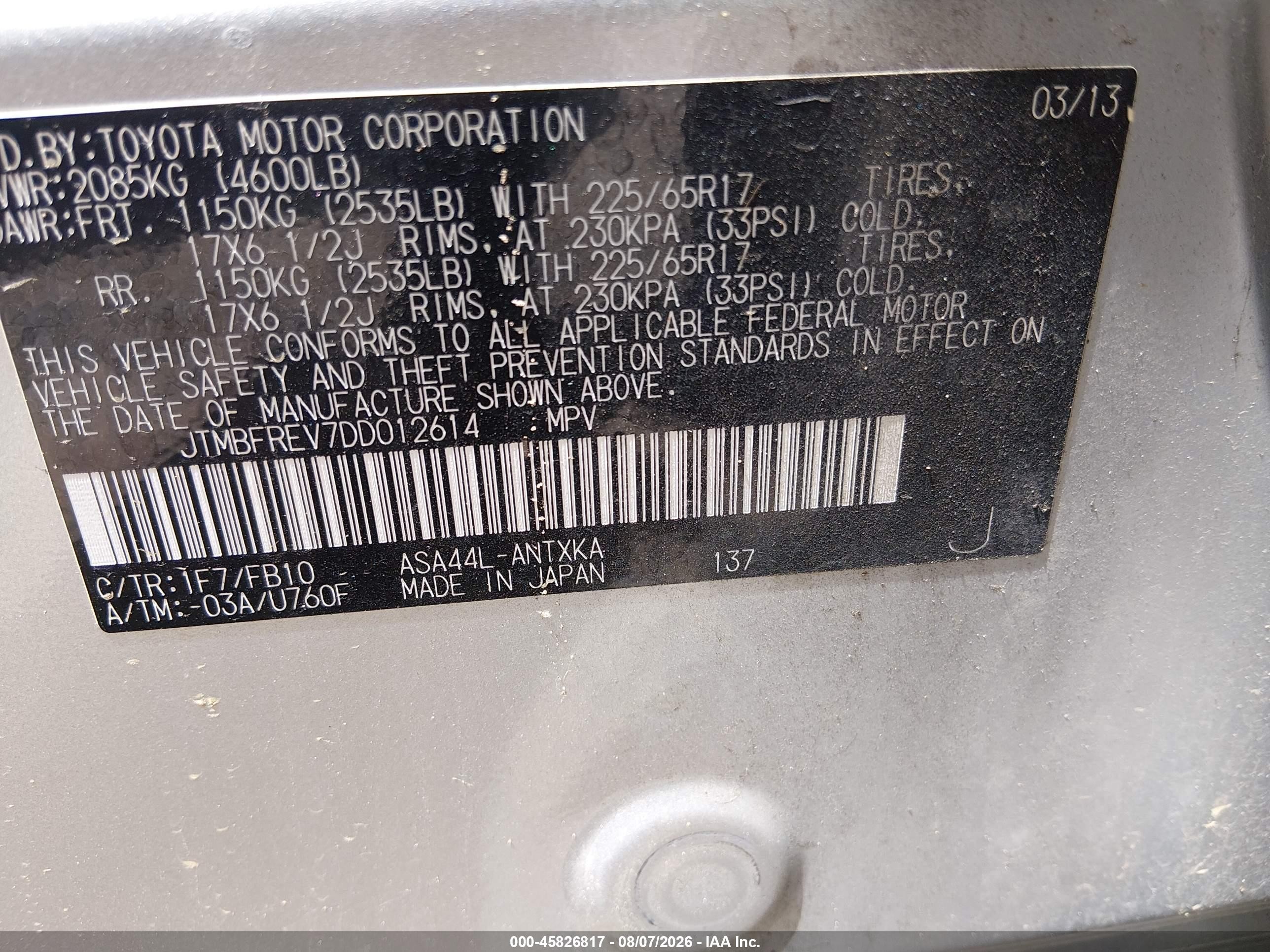 2013 Toyota Rav4 Le Silver vin: JTMBFREV7DD012614